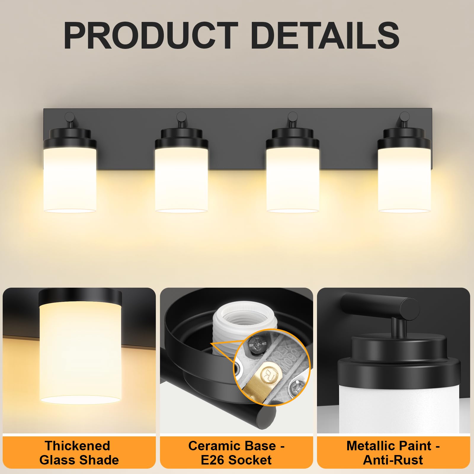 Izorro Bathroom Vanity Light Fixture  4-Light 27.5 Inch Matte Black Bathroom Light Fixtures Over Mirror  With White Glass Shade  Modern Farmhouse Vanity Lights  Rustic Restroom Lighting Fixtures