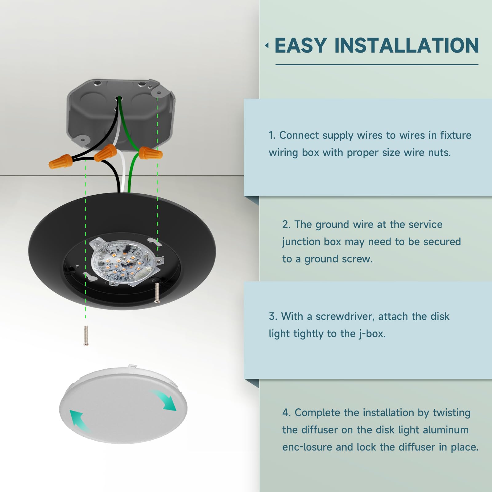 Ecoeler 4 Inch Led Disk Light, Dimmable Flush Mount Ceiling Light, 10.5W 650Lm, 5000K Daylight, Black Aluminum Trim, Surface Mou
