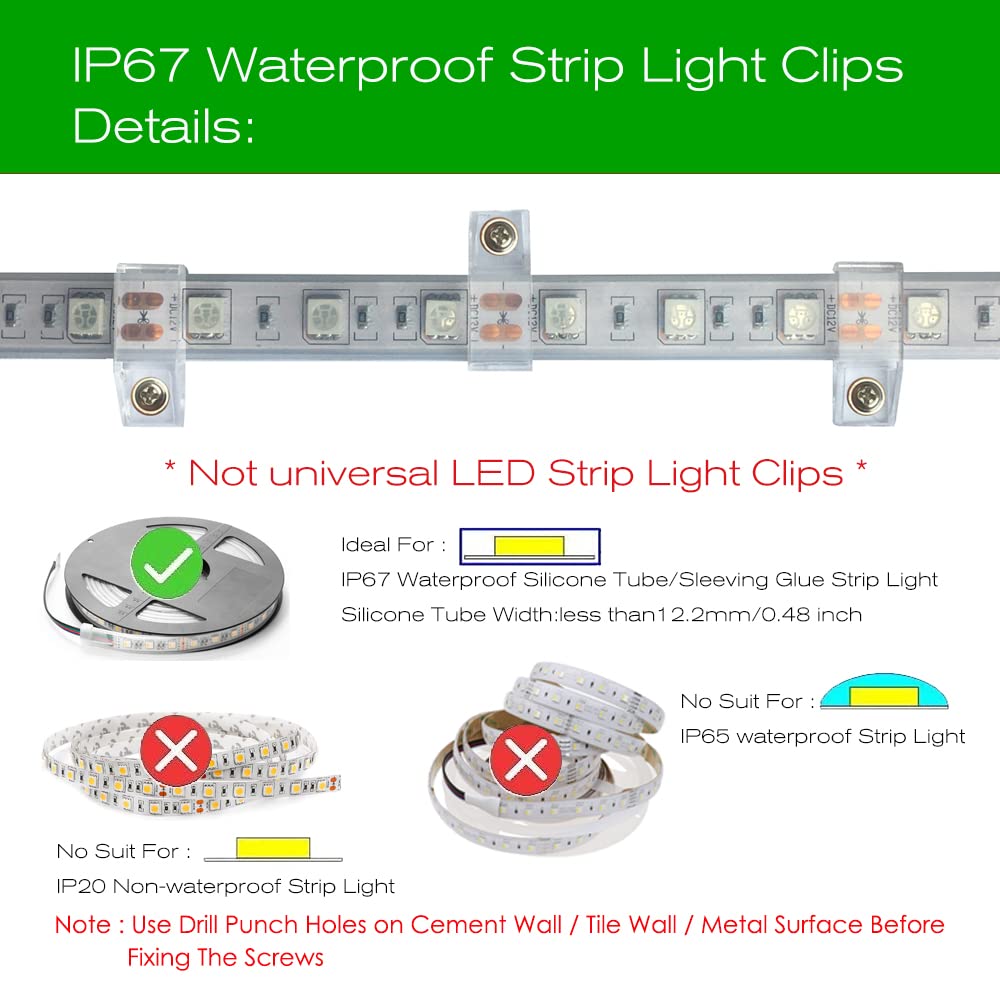 ATB Outdoor LED Strip Light Mounting Bracket Clips, 10mm & 12mm, Clear, Plastic, Model ATB-WL00410, Includes 102 Screws