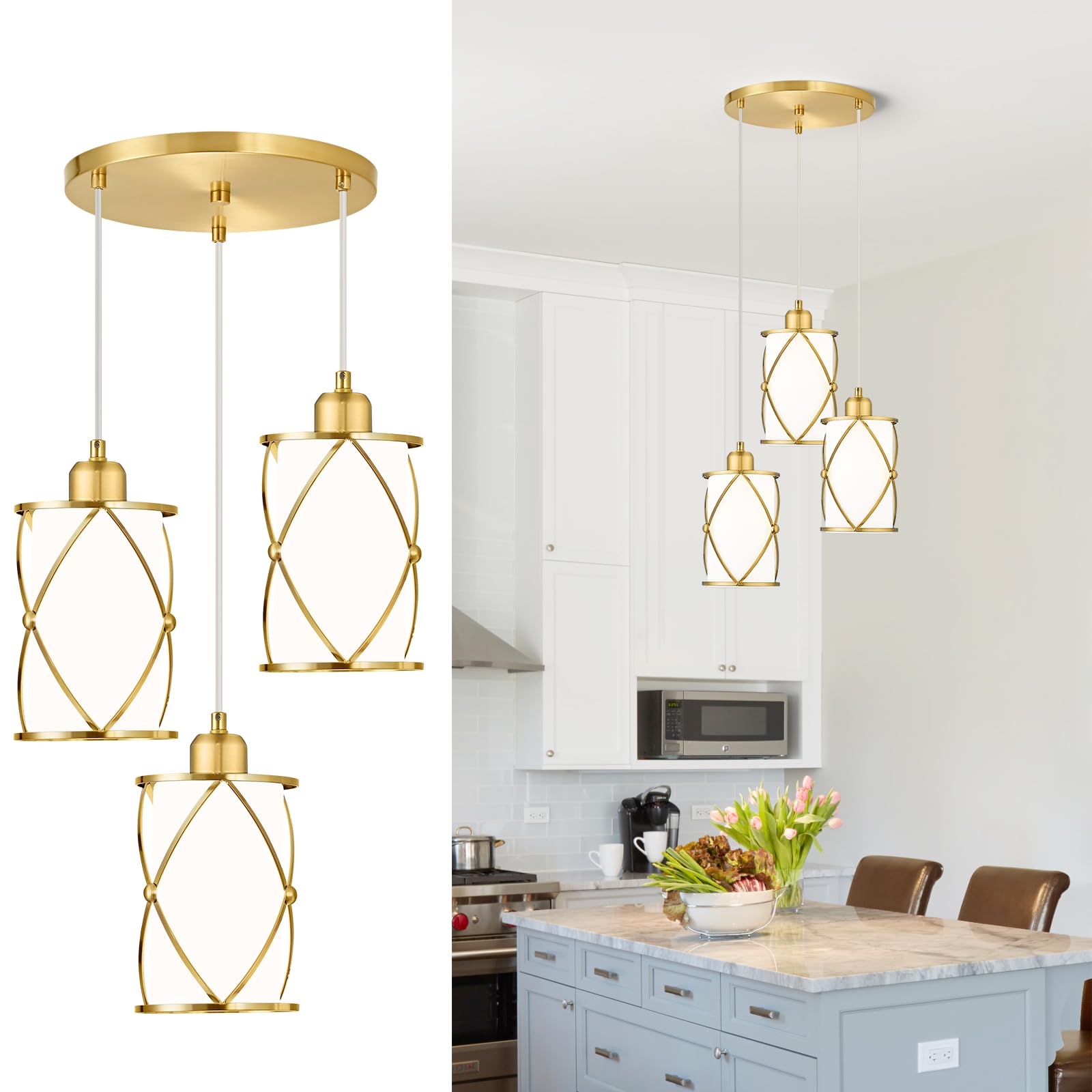 Osimir Brushed Gold Pendant Light Fixtures, 3-Light Dining Room Chandeliers with Frosted Glass, Modern Cluster Hanging Pendant L