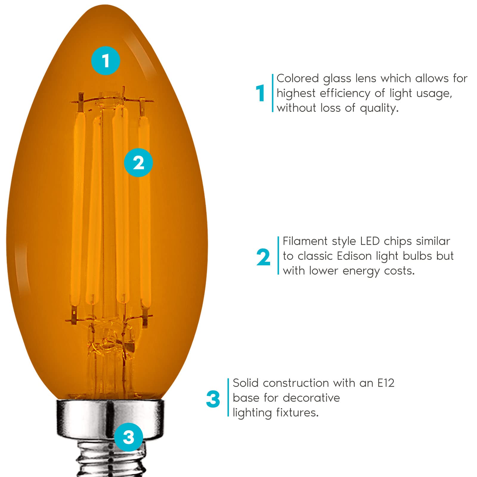Luxrite E12 Led Filament Orange Light Bulb, 4.5W (40W Equivalent), Colored Glass Candelabra Bulb, Ul Listed, E12 Base, Indoor Ou
