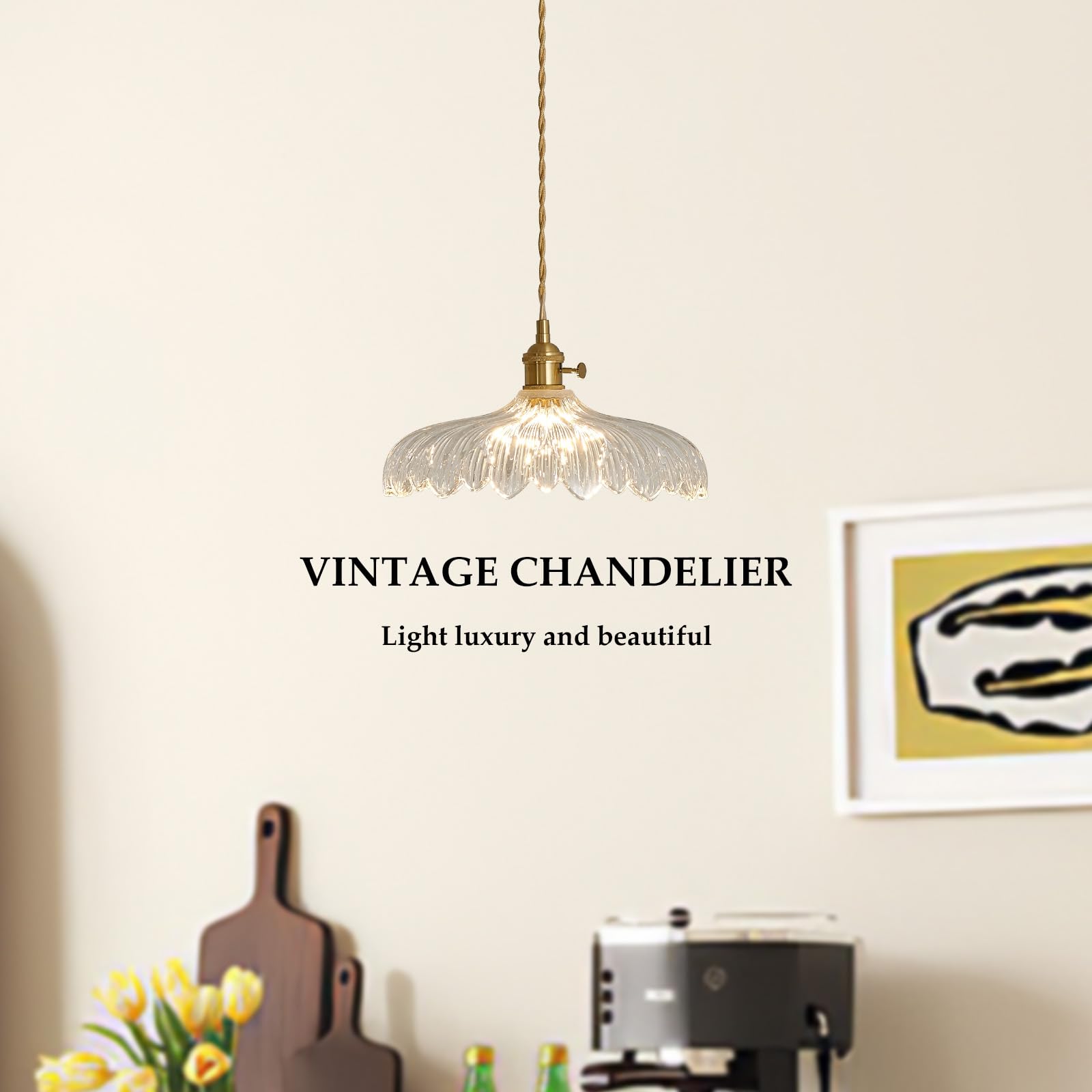 Oyisen Pendant Lights, 11.8 Inch Hanging Light Adjustable Hanging Lamp Clear Flower Glass Shade Pendant Light Fixture Kitchen Pe