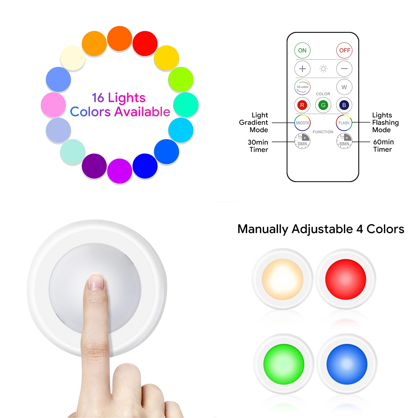 Yiliaw LED Puck Lights, Remote Control, 16 Color Changeable, 12 Packs, White, Battery Operated, for Closet, Bedroom, Kitchen