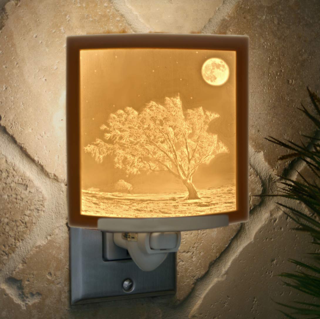 The Porcelain Garden Moon Night Light - Porcelain Lithophane, Cream, Model NR234, Wall Plug for Nursery, Kitchen, Bath