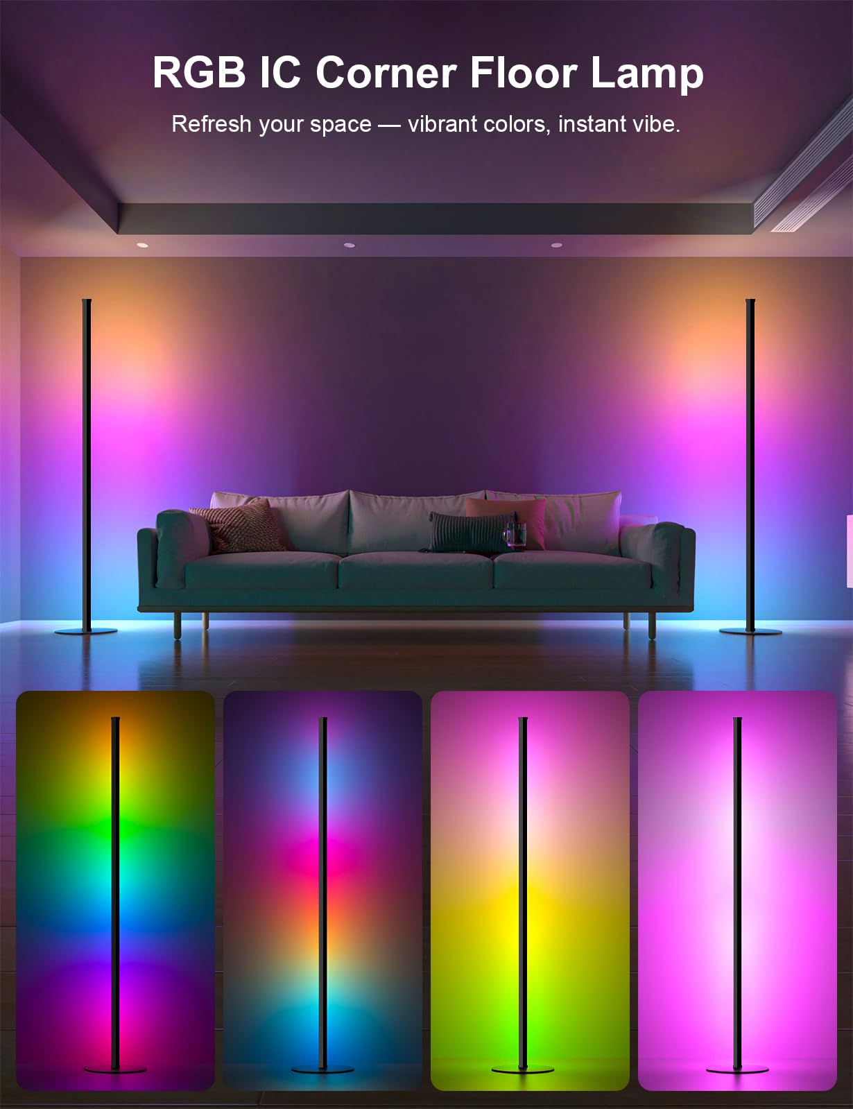 RGB IC Corner Floor Lamp, Upgraded LED Corner Lamp APP and Remote Control, 16 Million Colors and Warm White, Music Sync, Timing