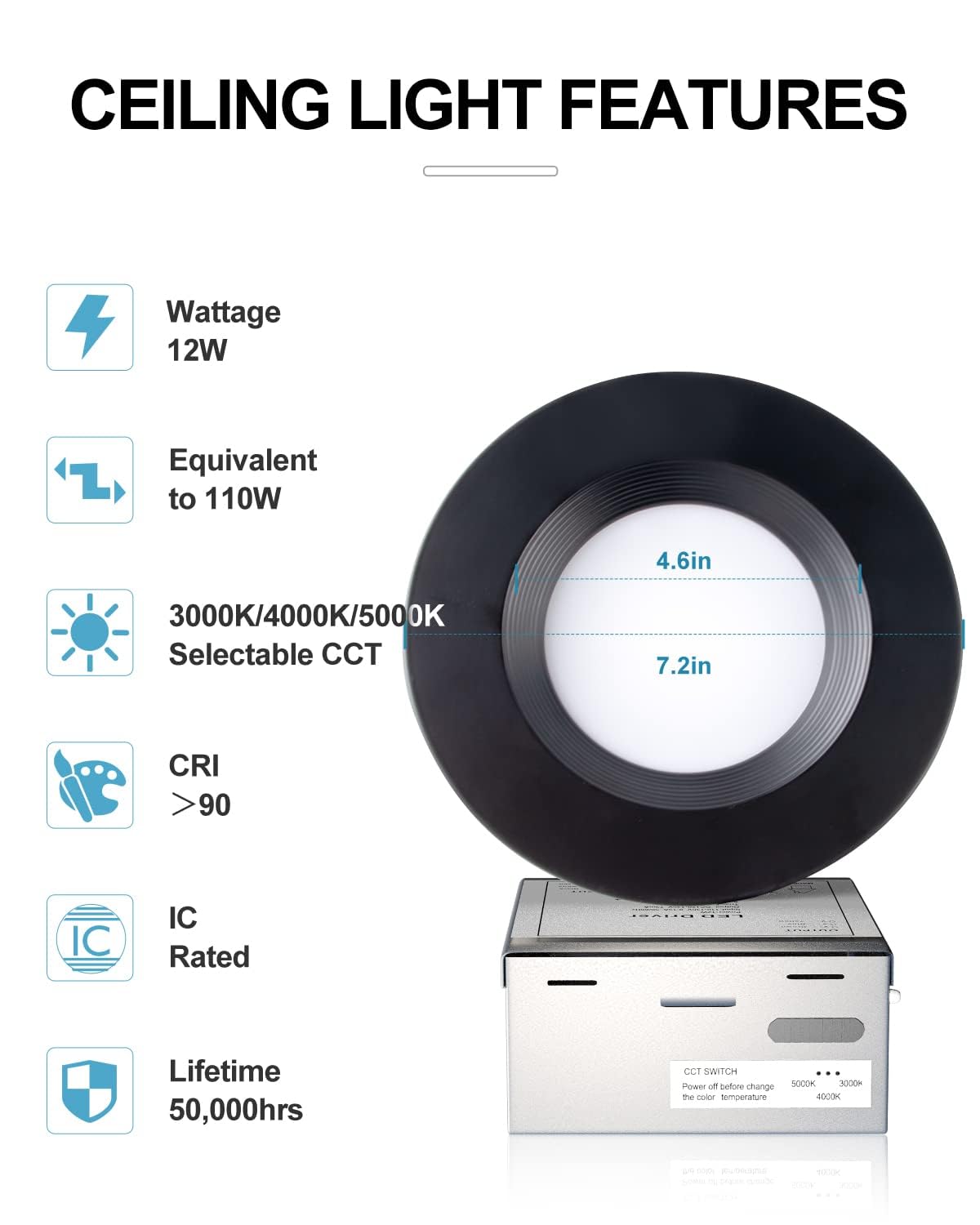Lightdot 12W Dimmable LED Downlight, 3CCT Selectable (3000K/4000K/5000K), Black, 6 Inch Canless Ceiling Light,