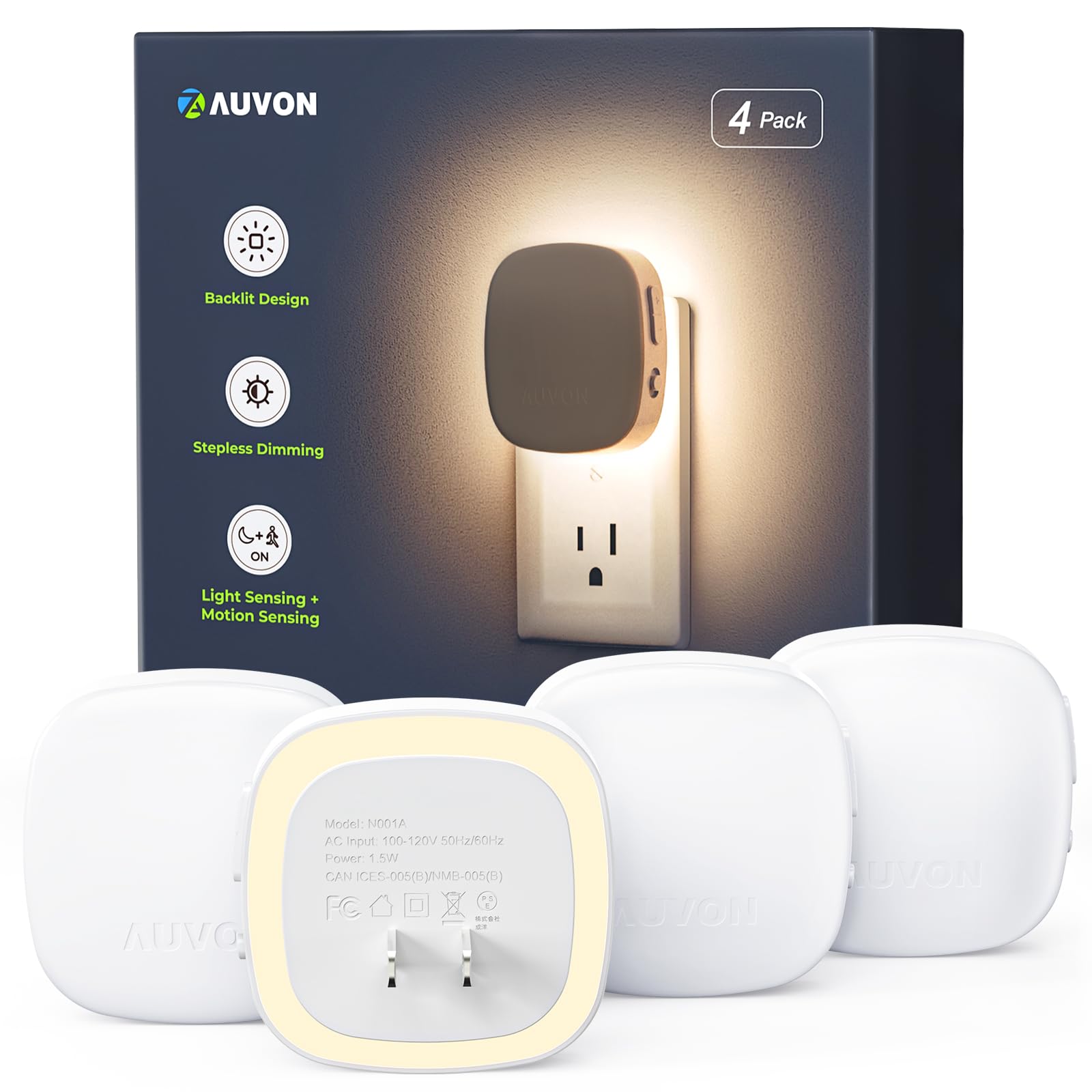 AUVON Plug-in LED Backlit Night Light with Motion Sensor & Dusk to Dawn Sensor, Dimmable Warm White Nightlight with 1-50 lm Adju