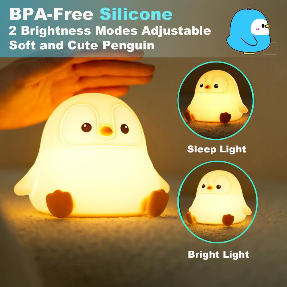 KangTen CHEN Cute Penguin Night Light, USB Rechargeable Silicone Lamp, Gray, Model DS-PG-02, Touch Control for Kids Bedroom