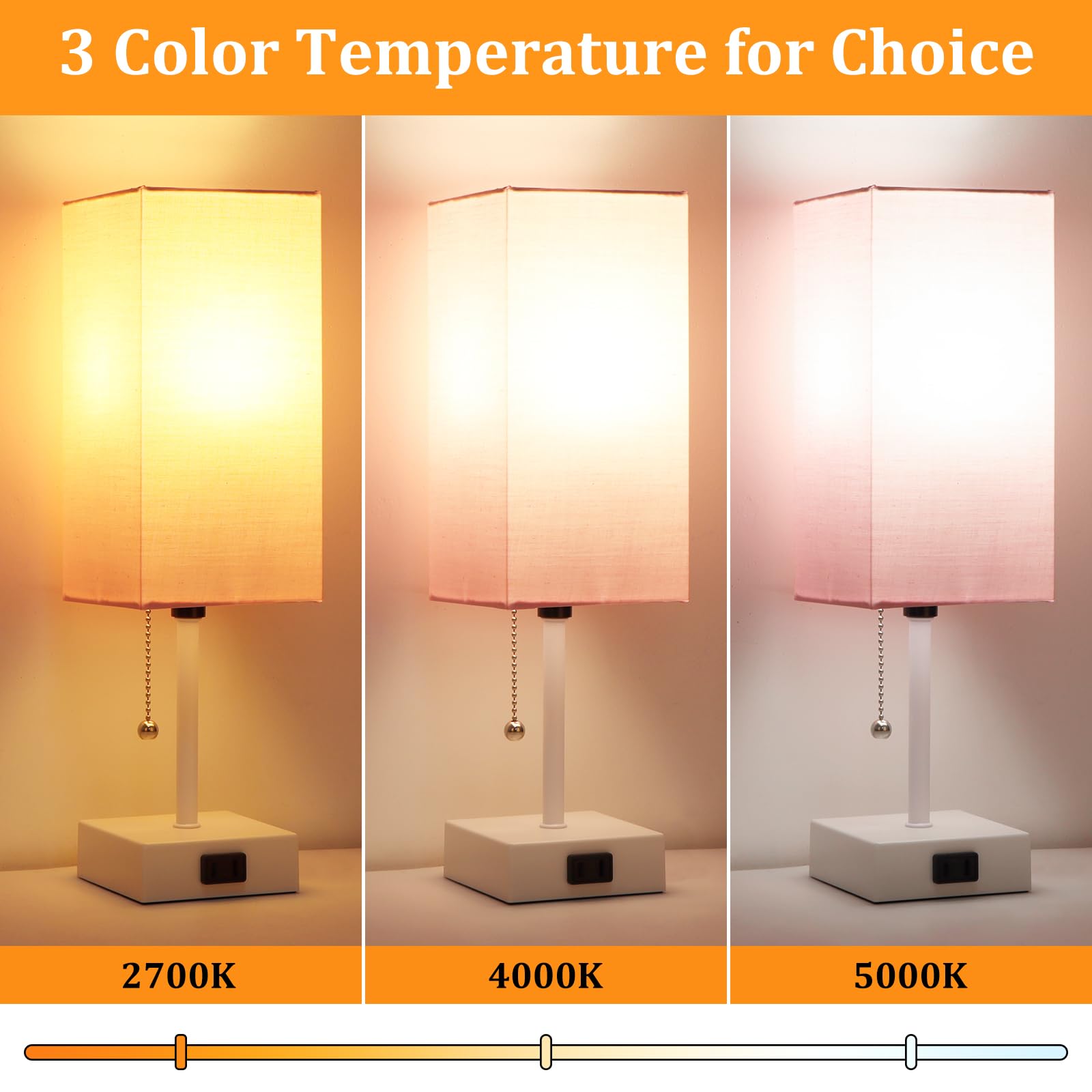 Table Lamp For Bedroom Set Of 2,3-Color Bedside Lamps With Pull Chain Table Lamps For Nightstand With Ac Outlets,Small Night Lig