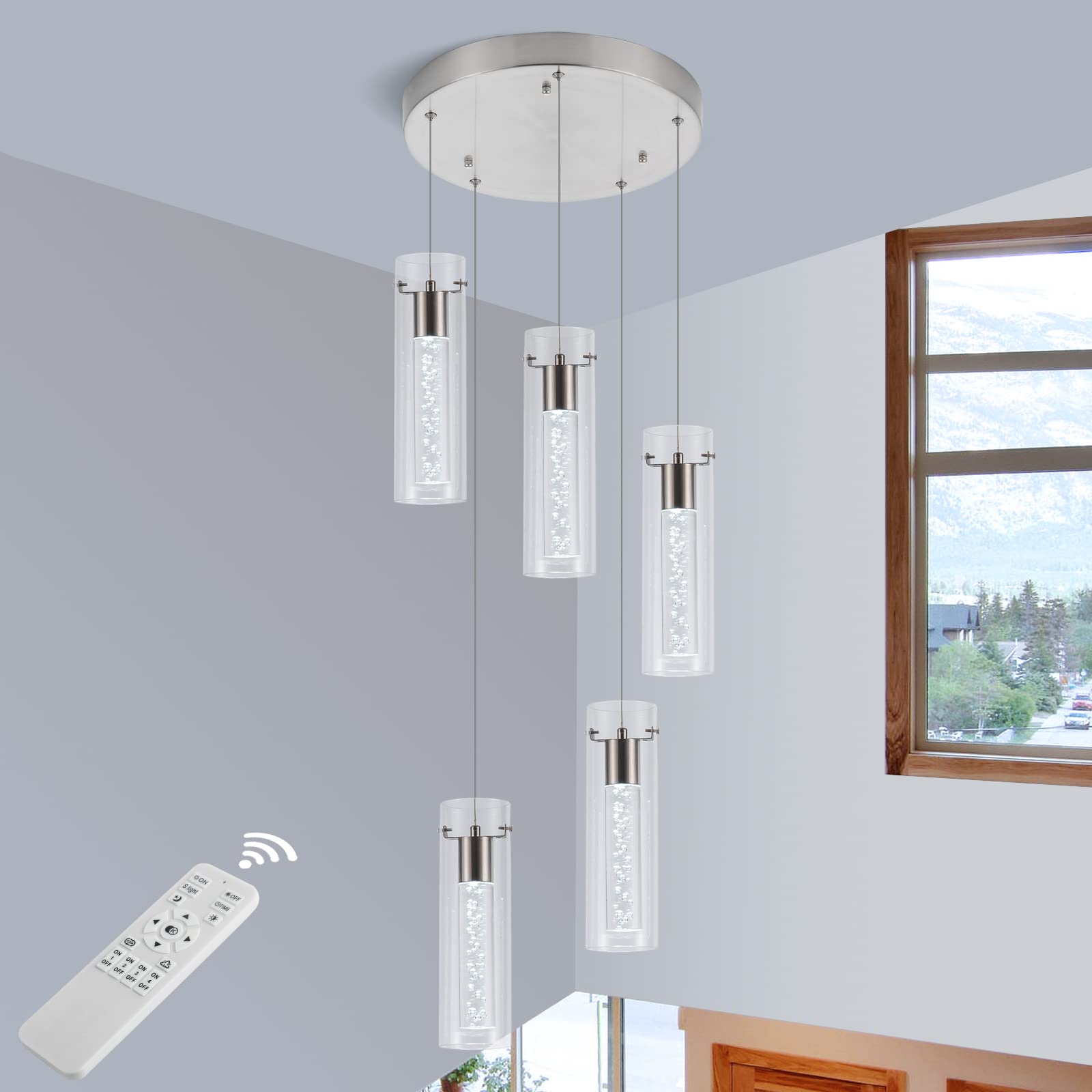 Bestwest Tri-Color Dimmable Pendant Light Fixtures,5-Light Kitchen Island Pendant Lights, 40W 3400Lm Remote With Brushed Nickel