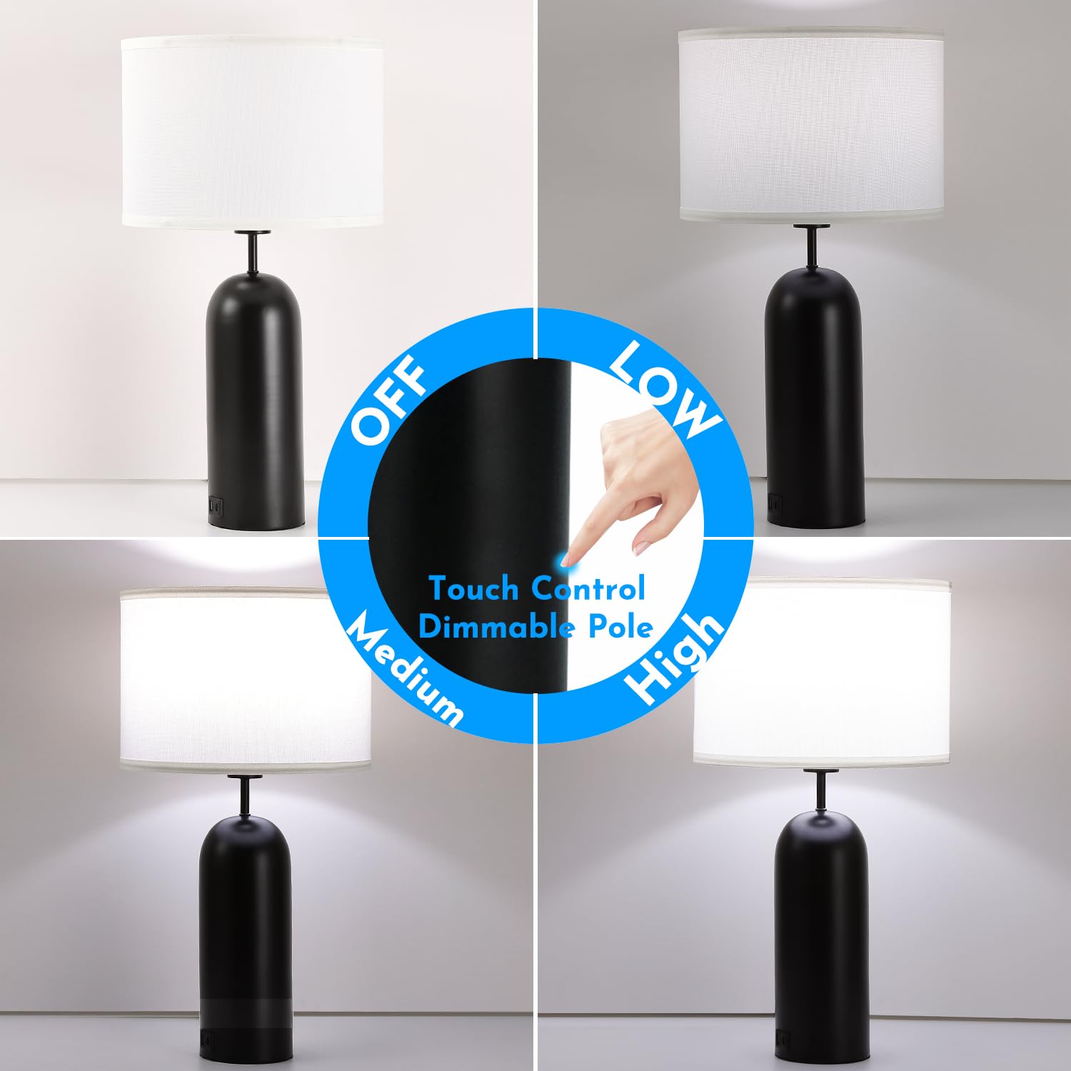 MoMyofdy 22-inch Table Lamps Set of 2 - Black & White Touch Control, 3-Way Dimmable, USB A+C Ports for Bedroom or Living Room