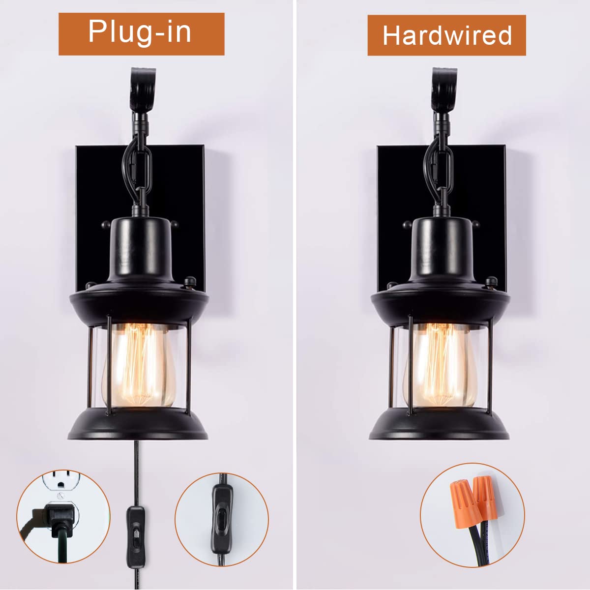 Gladfresit Vintage Wall Light Modern Black, Glass Shade Industrial Wall Sconce Plug In Lighting Fixture With 6.6Ft Cord For Indo