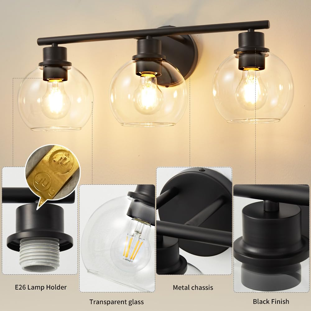 Lanmate Bathroom Vanity Light Fixture, 3-Light, Clear Glass Shade, Modern Black, 22 inch, Model L1746