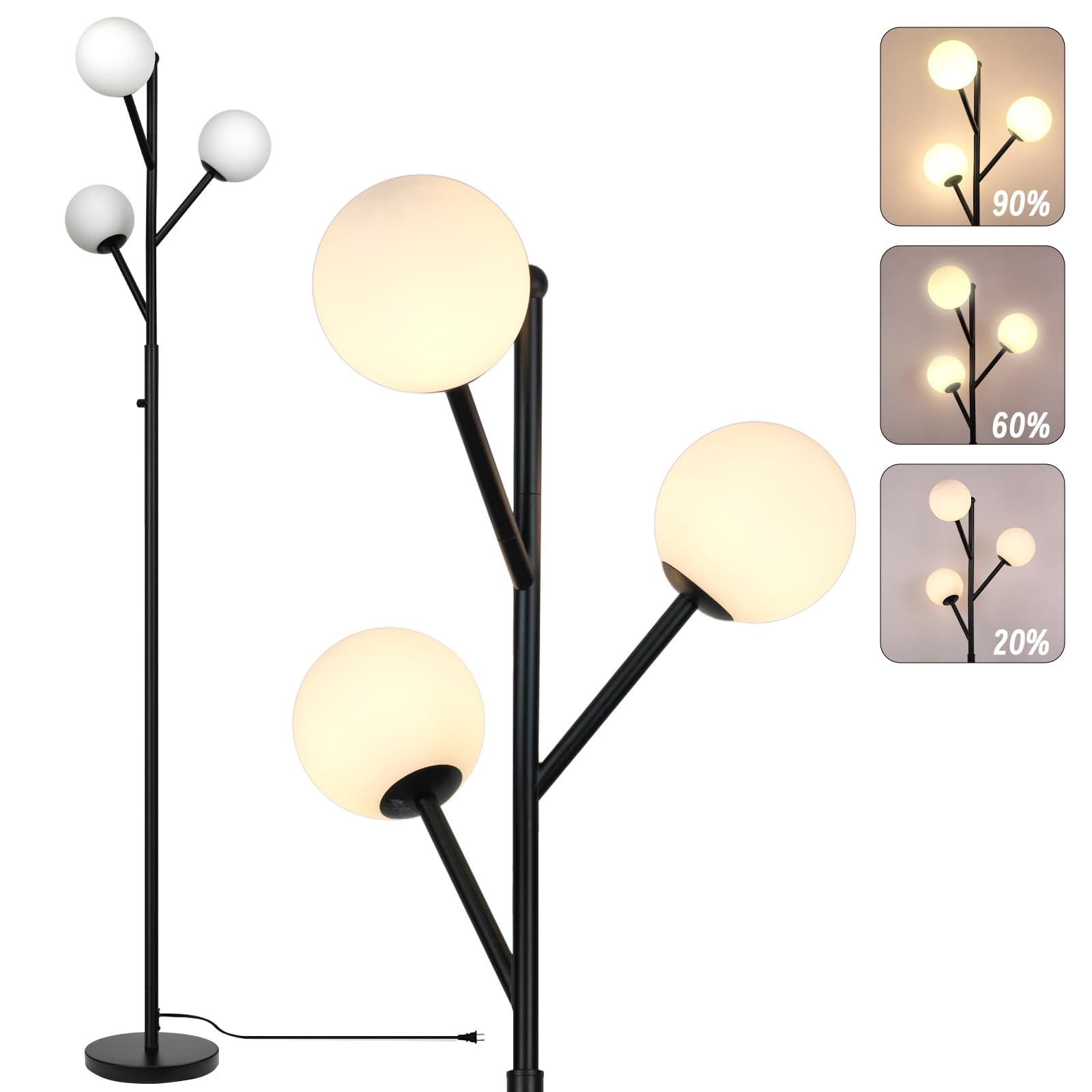Ldeco 3-Globe Mid Century Black Tree Floor Lamp for Living Room,70in Tall Modern Stepless Dimmable Standing Lamp with Frosted Gl