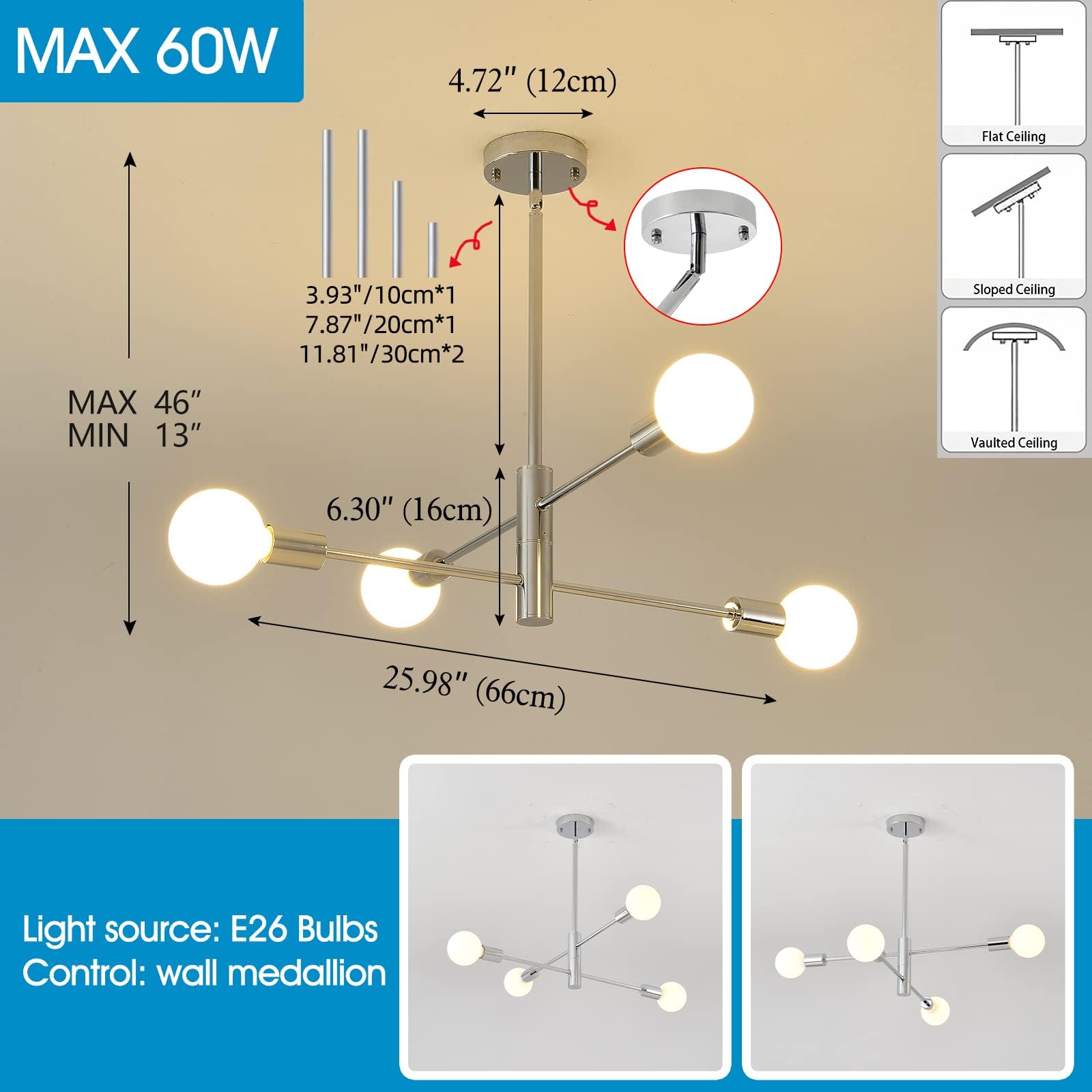 Hhr Modern Sputnik Chandelier, Industrial 4-Light Chrome Ceiling Light Fixture,Height Adjustable Lighting For Kitchen Island,Bed