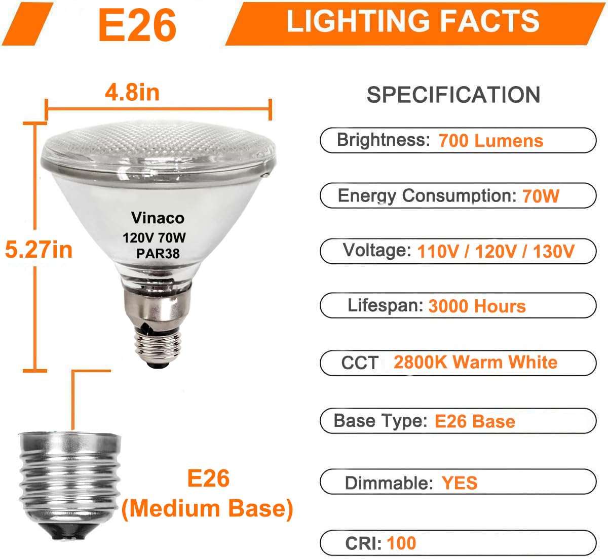 Vinaco PAR38 Halogen Flood Light Bulbs, 70W Dimmable, Warm White 2800K, 4 Pack, E26 Base, Indoor/Outdoor, Silver Finish