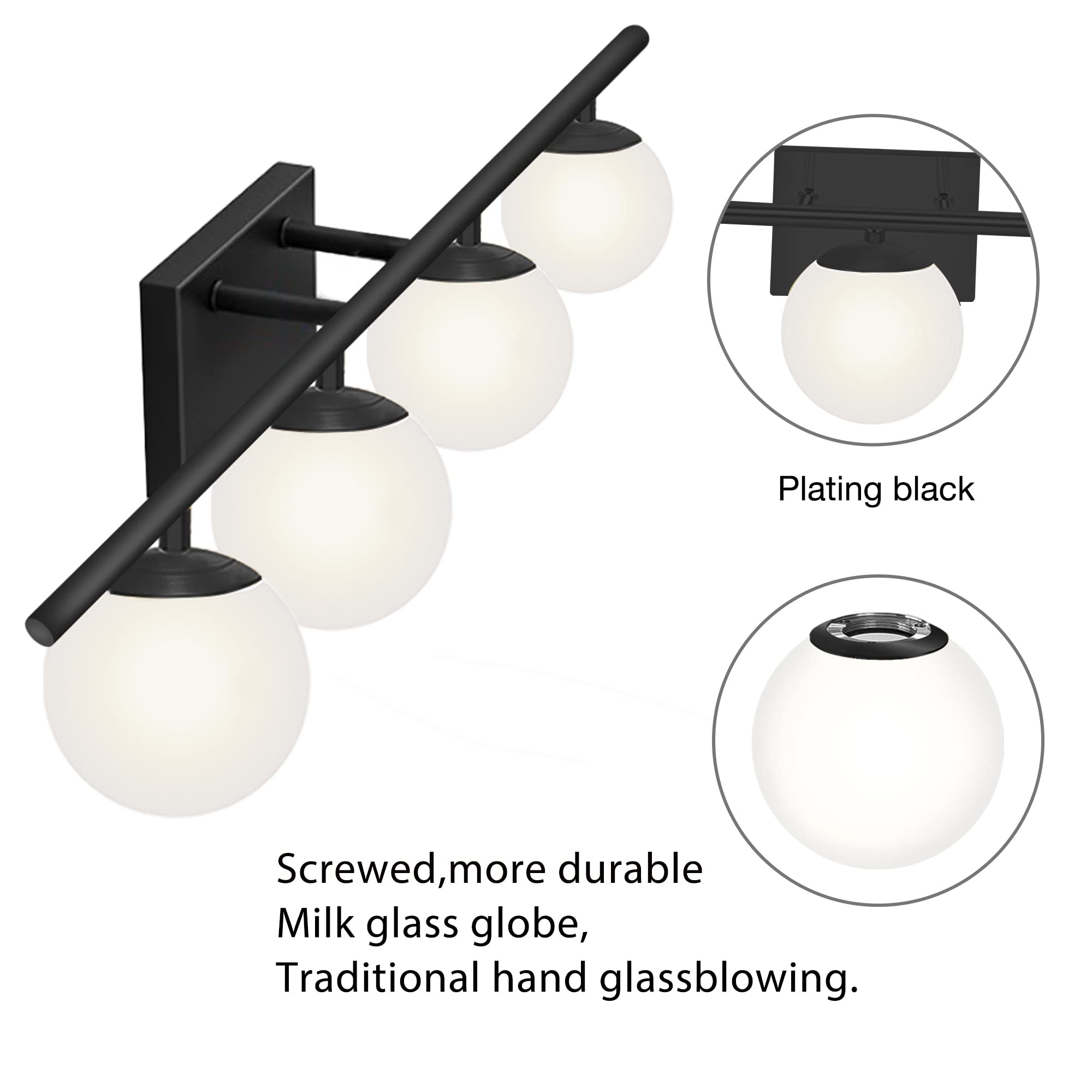 YHTlaeh New Bathroom Vanity Light Fixtures Matte Black Milk White Globe Glass Shade 4 Lights Modern Wall Bar Sconce Over Mirror(