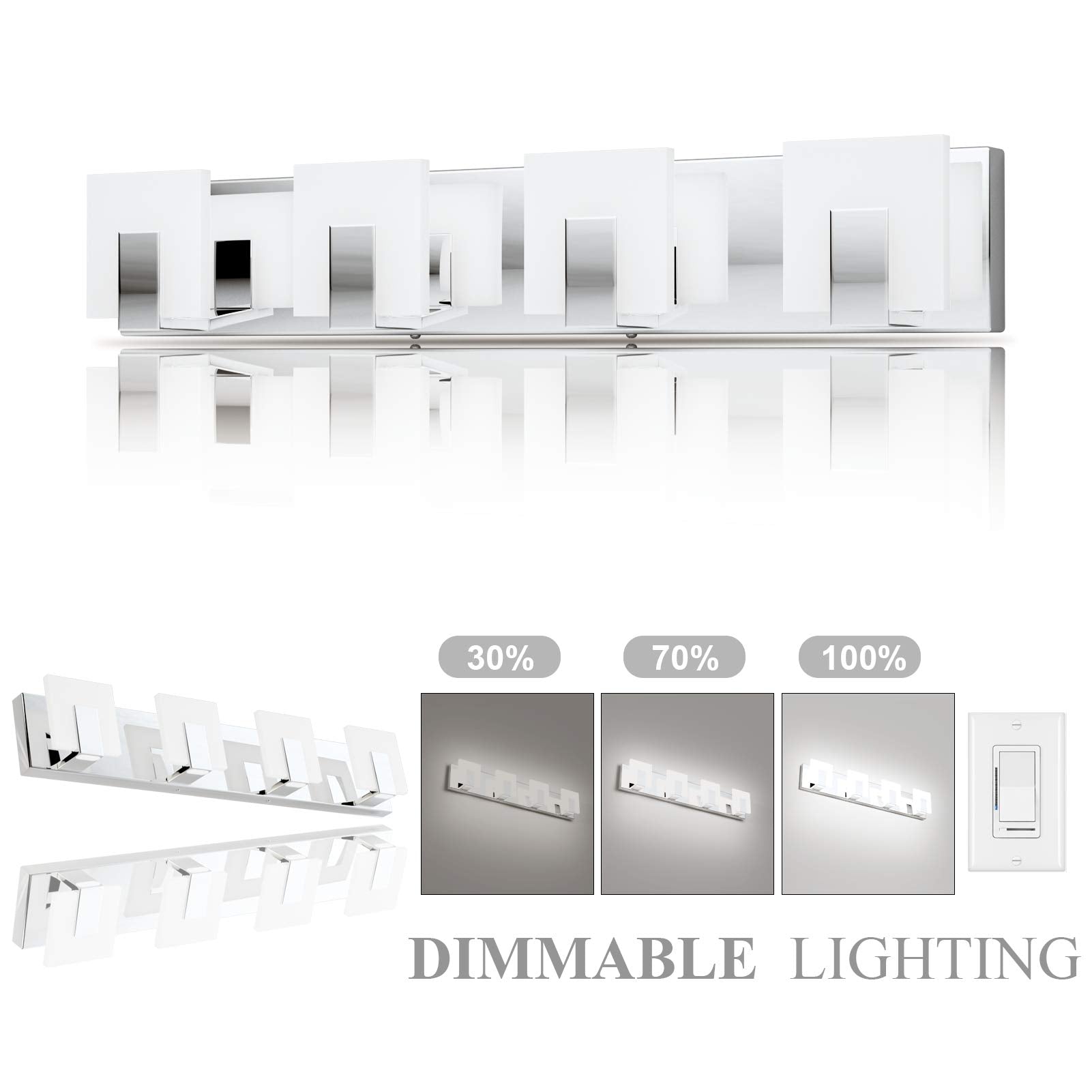 Aipsun 4 Lights Dimmable LED Vanity Light Chrome Frosted White Acrylic Model Ca-1105-4T-D
