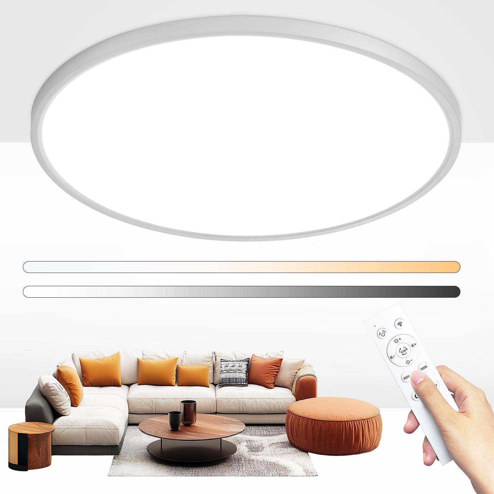 Glowall Modern 20'' Led Ceiling Light Fixture, Ultra Thin Flush Mount, Dimmable With Remote Control, 48W, 4800Lumen, Silver, Rou