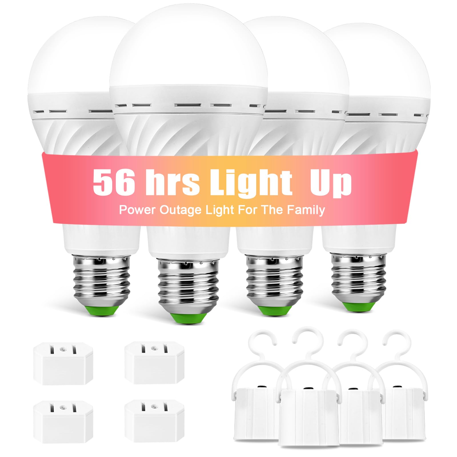 4 Pack Rechargeable Emergency Light Bulbs, Battery Powered Led Light Bulb 6000K Daylight E26 12W 60W Equivalent With 1500Mah For