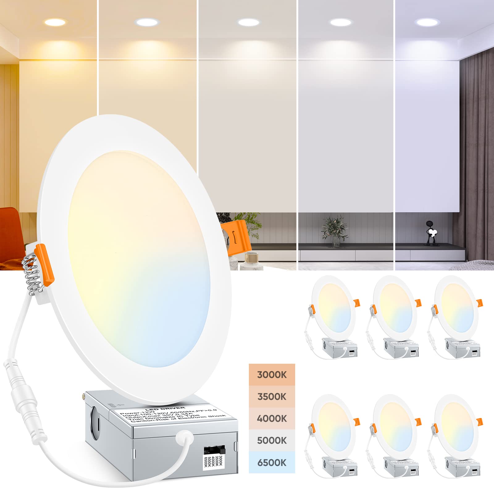 BesLowe 4 Packs 6 Inch 5CCT LED Recessed Ceiling Lights Ultra-Thin with Junction Box, 12W 150W Eqv, 3000K/3500K/4000K/5000K/6500