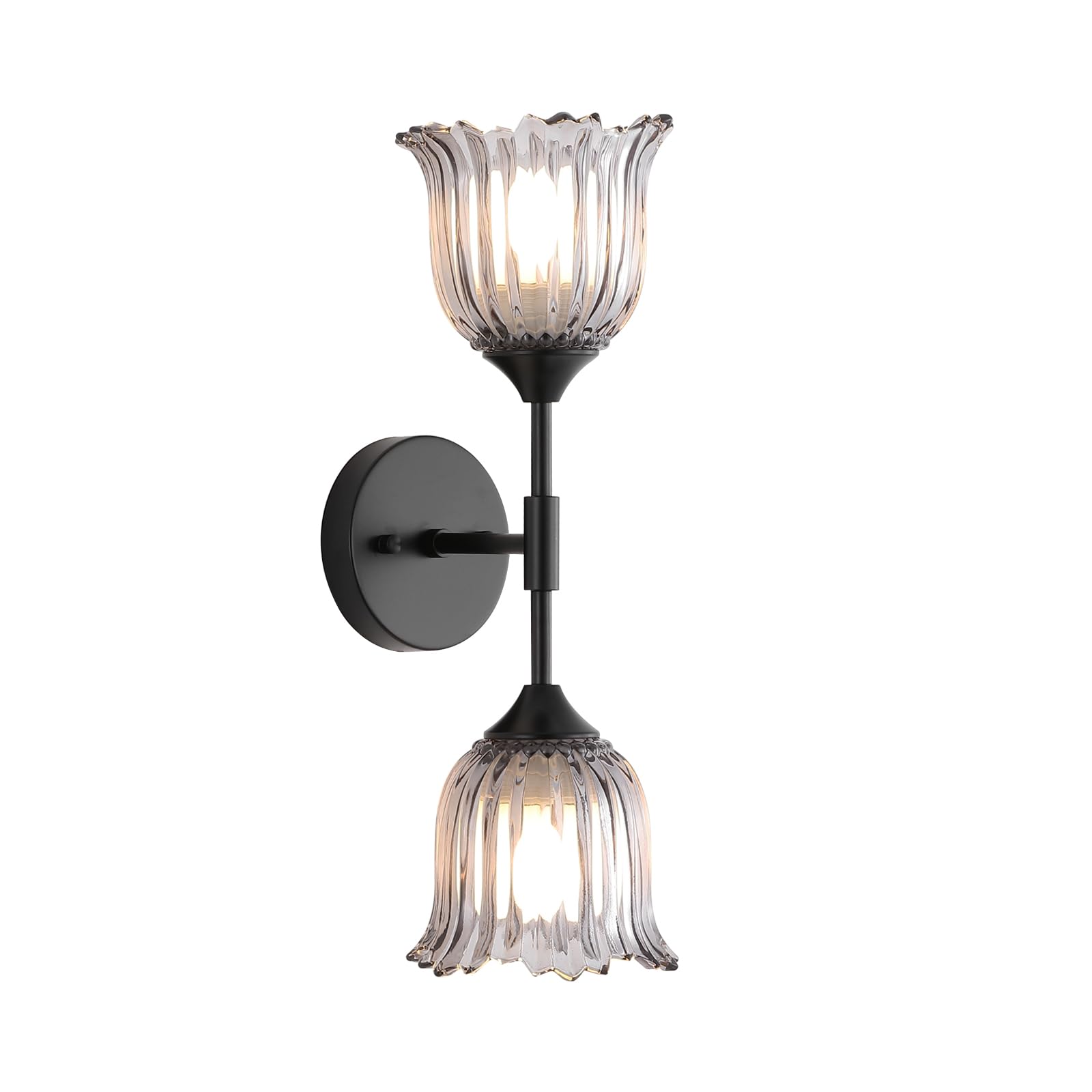 BYOLIIMA 2-Lights Vintage Wall Sconce with Smoke Gray Glass Shades Mid Century Bathroom Vanity Wall Light Fixtures Industrial Matte Black Wall Lamp for Bedroom Mirror Living Room Restaurant