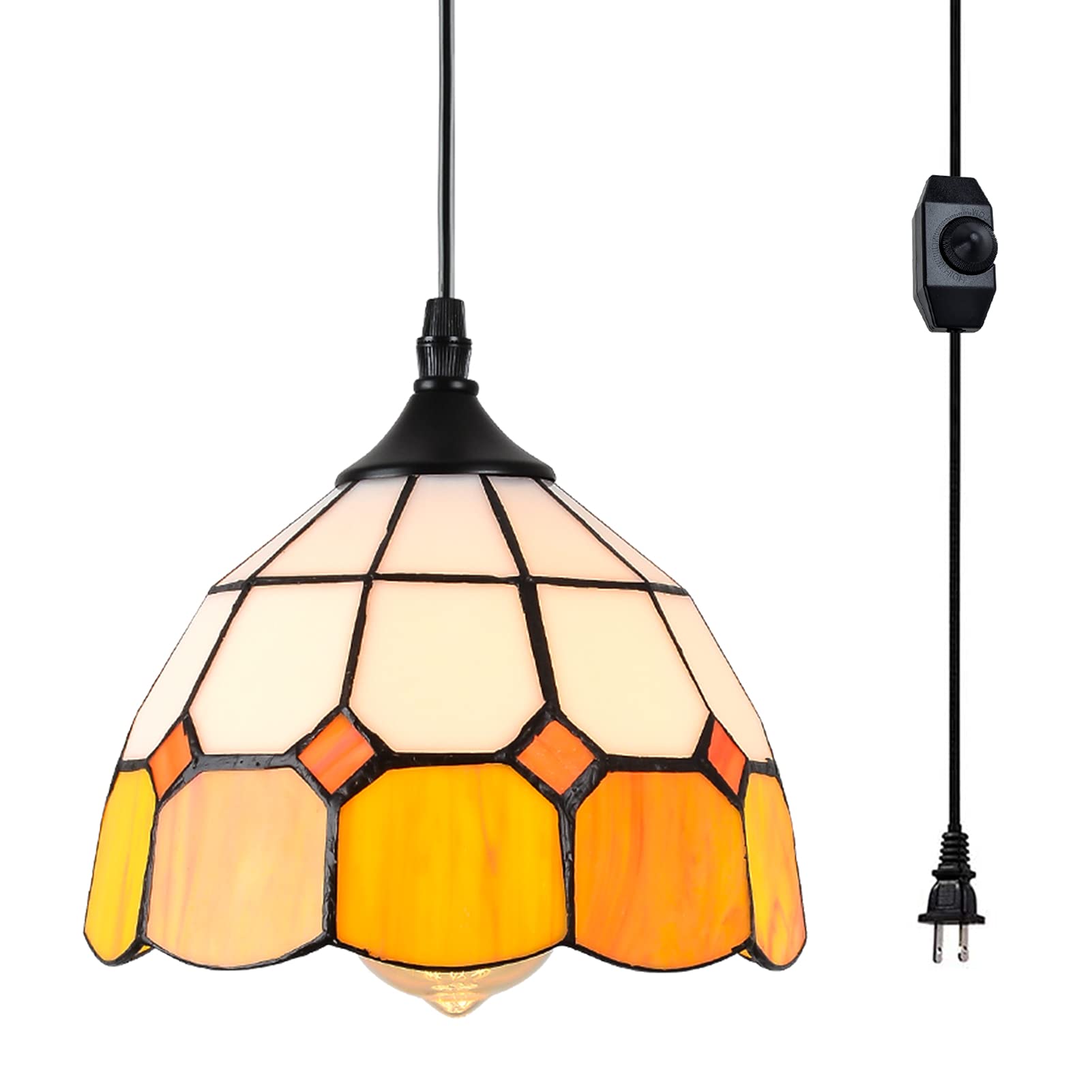 Stepeak Tiffany Hanging Pendant Light - Dimmable Glass Fixture, 7.9in Width, 16.4 Ft Cord, Yellow, Model HL-Y