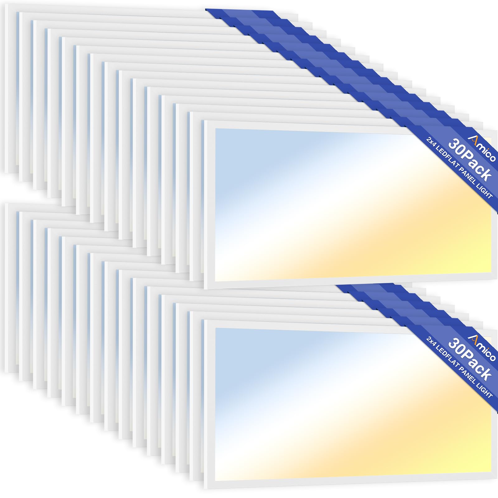 Amico 30 Pack 2x4 LED Flat Panel Light Fixture  72W  9000LM  3500K/4000K/5000K/5700K/6500K 5CCT Selectable Drop Ceiling Office Lights  0-10V Dimmable  LED Drop Ceiling Light Fixtures  ETL/DLC