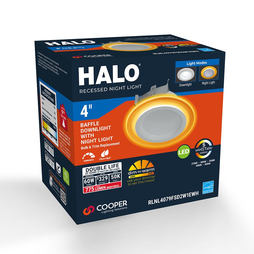 HALO RL Night Light - 4" Recessed LED Trim, 700 Lumens, Selectable CCT 2700K-5000K, White, Model RLNL4079F