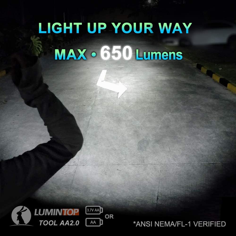 LUMINTOP Tool AA2.0 EDC Flashlight, 650 Lumens, 5 Modes, Waterproof, Aluminum, Nichia Neutral White, Small