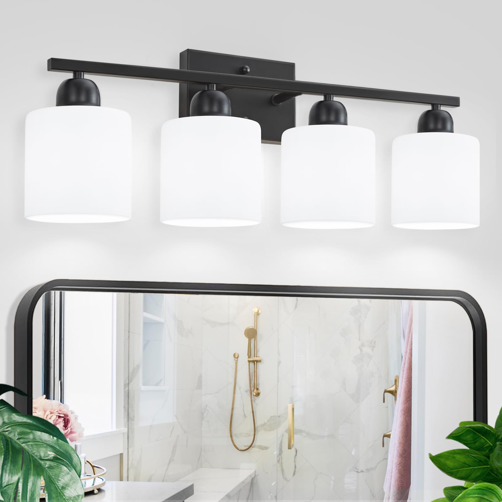Faishilan 4-Light Black Bathroom Vanity Light With Frosted Glass Shades, E26 Base