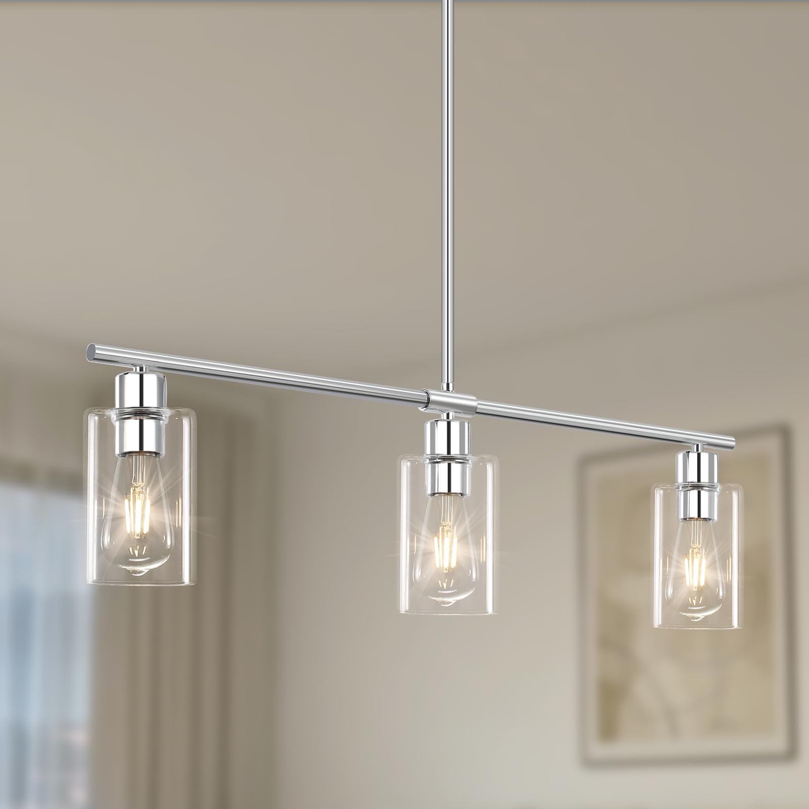 Yarlkav Kitchen Island Lighting, 3 Lights Linear Chandeliers Rectangle Pendant Light Fixtures For Dining Room Farmhouse Hanging Light With Glass Shades(Chrome)