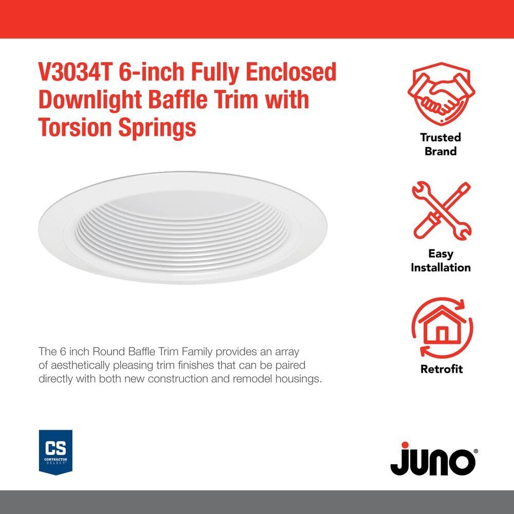 Juno Lighting V3034T Wwh Vulite Round Full Baffle Trim, White, 6-Inch