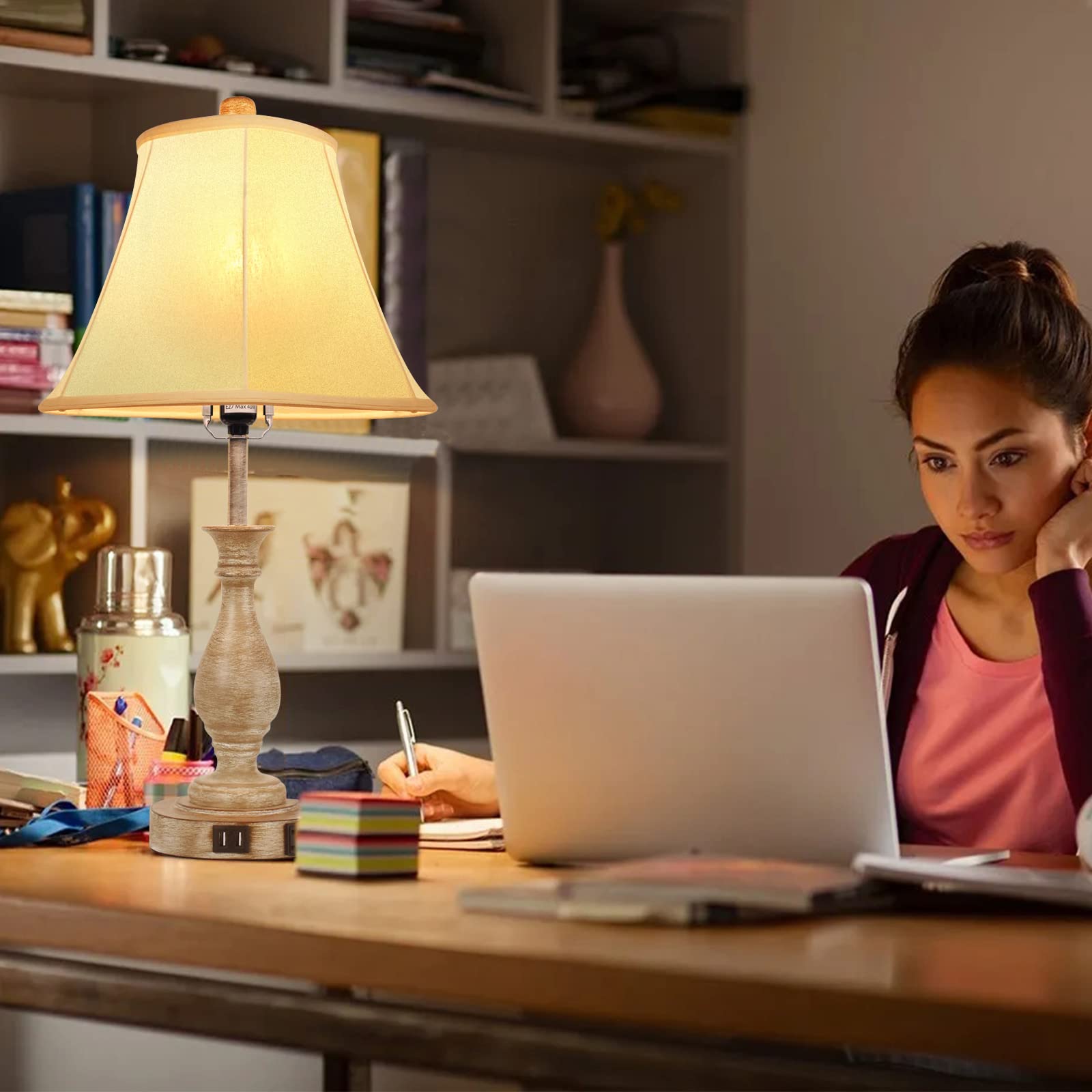 LALISU Farmhouse Table Lamp - Touch Control 3-Way Dimmable, 2 USB Ports, Fabric Shade, Multicolor, Pack-01