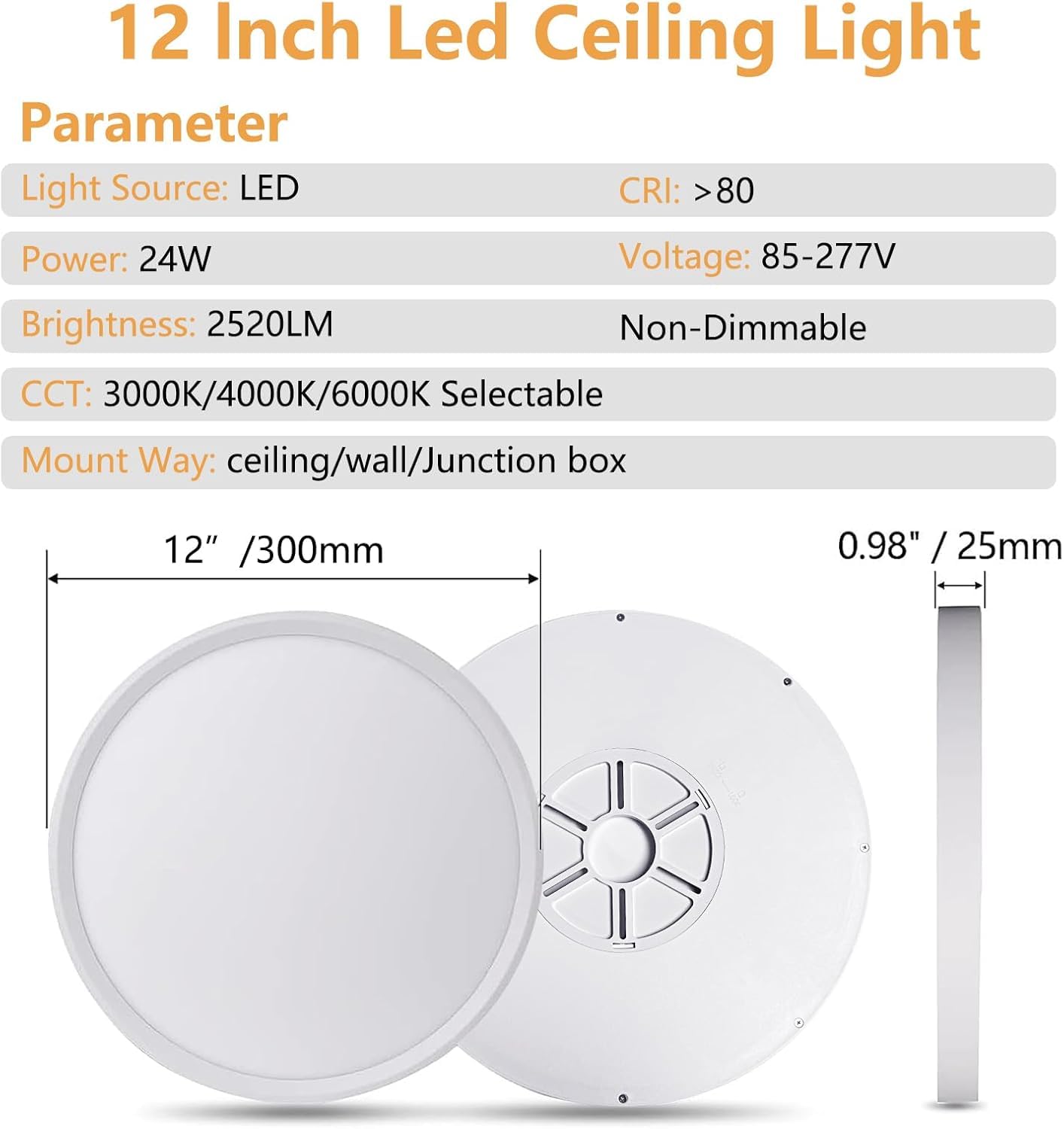 Offiy 12Pk 12 Inch Led Flush Mount Super Slim Ceiling Light, 24W, 2520Lm, 3000K/4000K/6000K Cct Selectable, Close To Ceiling Rou