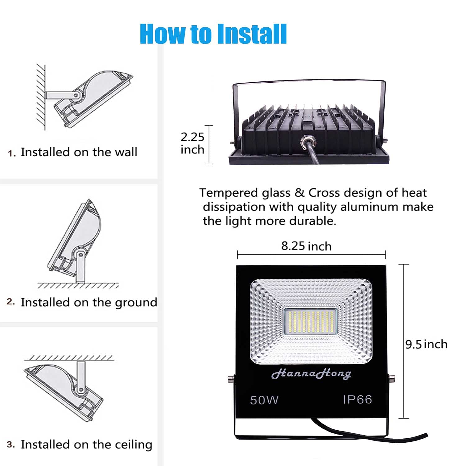 HANNAHONG 50W LED Flood Light, IP66 Waterproof, Daylight White, Black, 2 Pack, Model 884399205976
