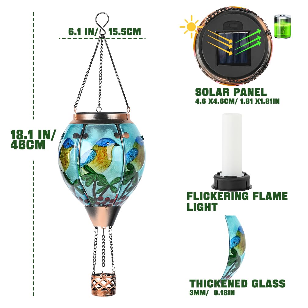 Hot Air Balloon Solar Lantern - Bluebird Glass Lantern  Simulated Flickering & Dancing Flame  Outdoor Hanging Yard Light Waterproof Ip65 For Patio Lawn Porch Decor Gift