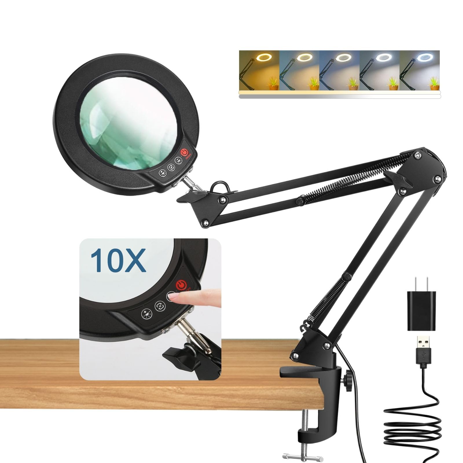 Coyeth 10X Magnifying Glass with Light and Clamp, Real Glass Stand Lighted Magnifier, 5 Color Modes Stepless Dimmable LED Desk L