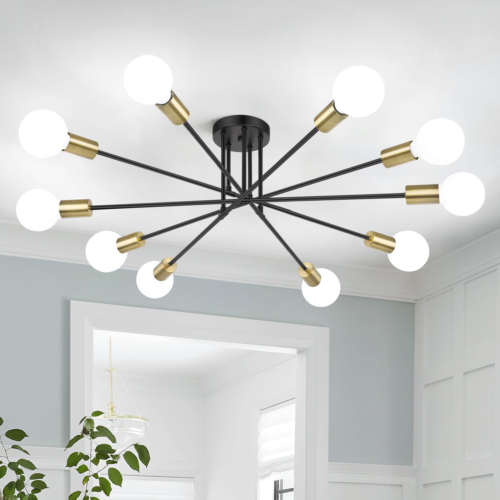 Semi Flush Mount Ceiling Light Fixture, 10-Light Modern Black and Gold Sputnik Chandelier Industrial Ceiling Lamp for Kitchen Di