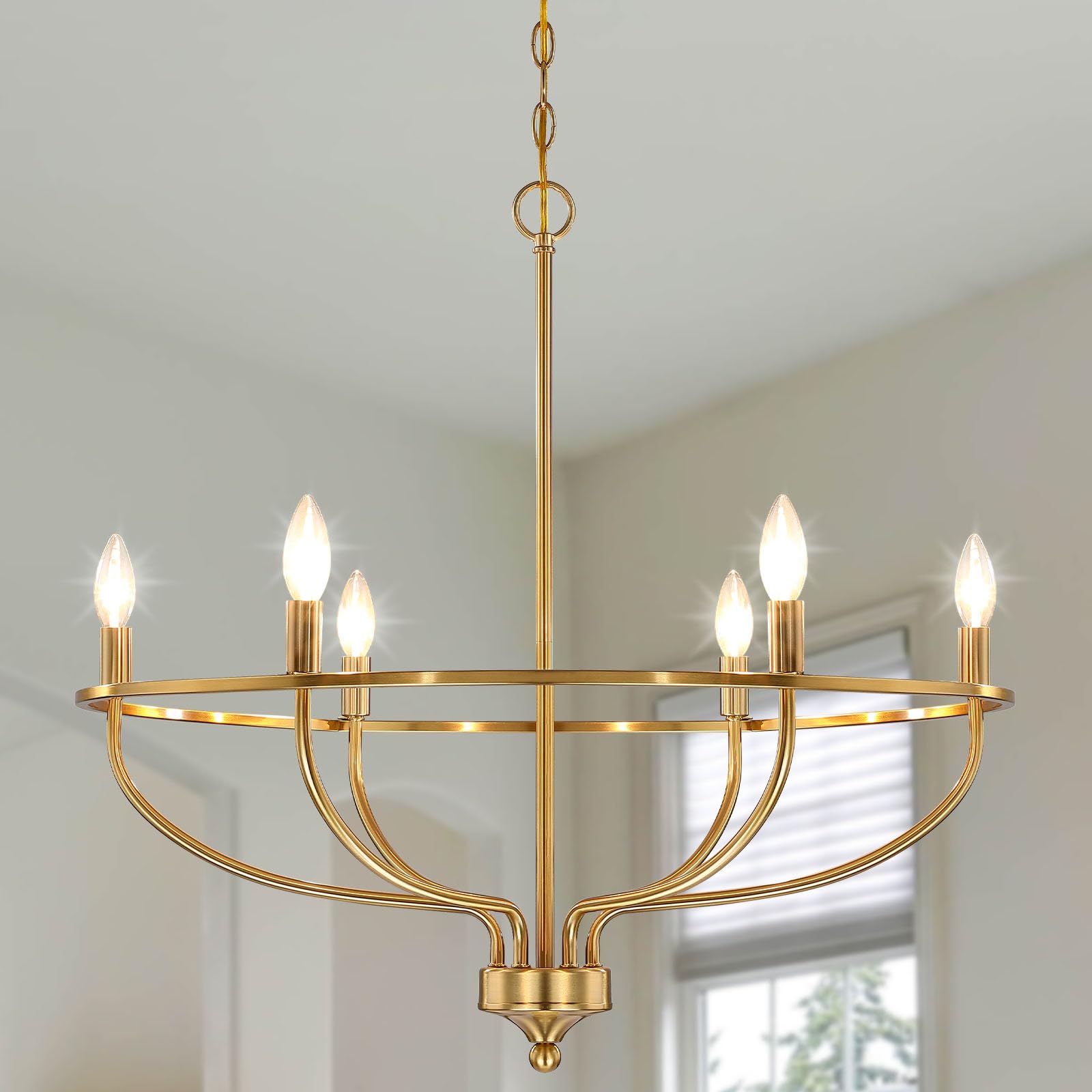 Gold Chandelier For Dining Room, 28.5 Inch Diameter Modern Farmhouse Candle Chandelier Light Fixture Over Table, 6-Light Brass C