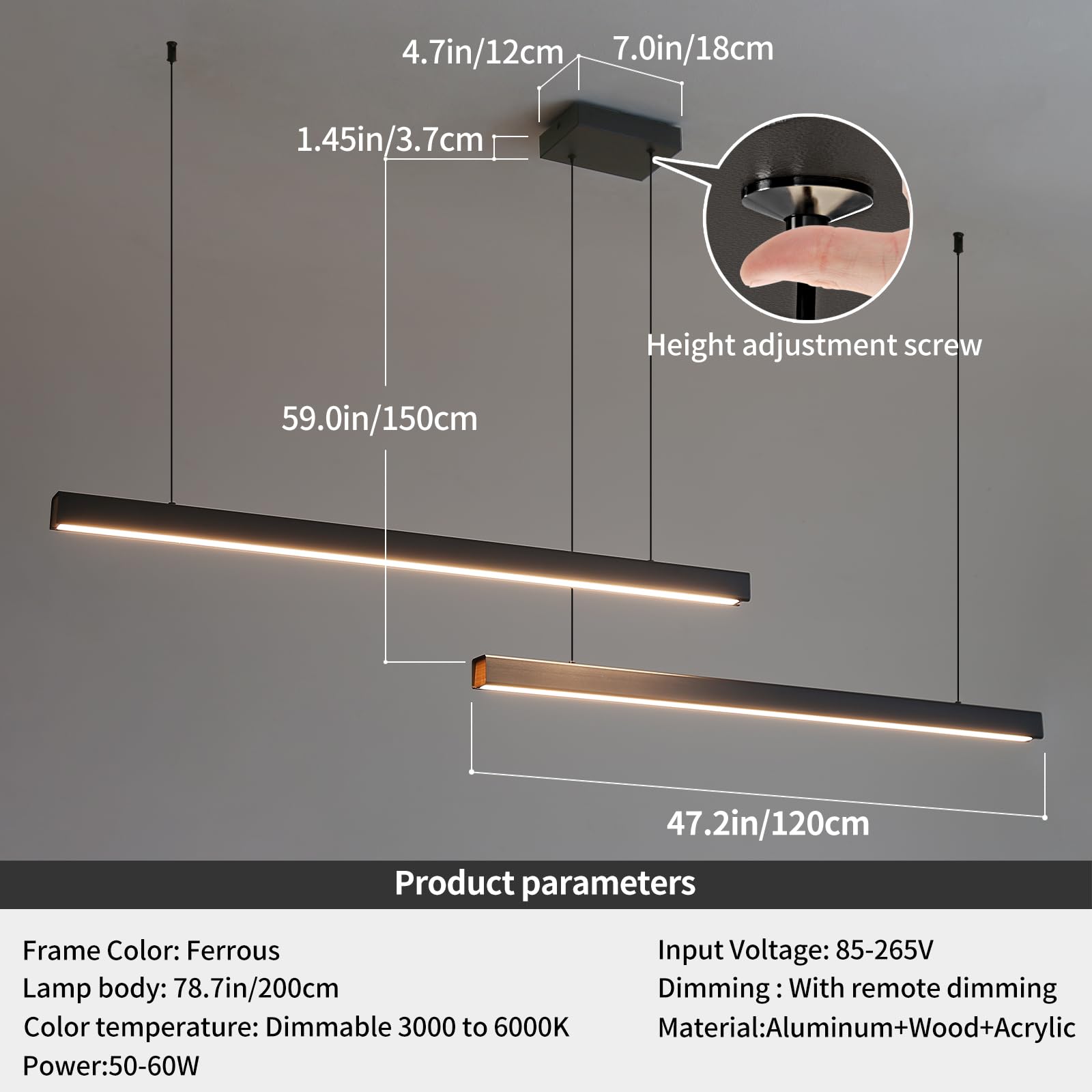 Matven Linear Pendant Light Fixtures, Dimmable LED, 47IN, Aluminum, 3000K-6000K for Kitchen Island, Dining Room, Office, Bar