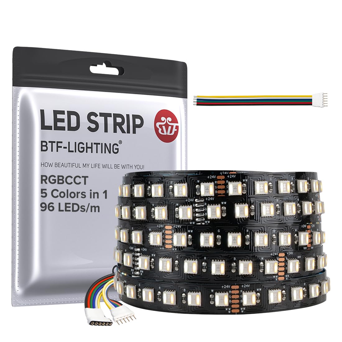 Btf-Lighting Rgbcct 5 Colors In 1 Led Tape Lights 5050Smd Rgbww Rgb+Dimmable Color Temperature 2700K-6500K 16.4Ft 96Led/M 480Led Ip30 Dc24V Black Pcb For Home Decoration(No Adapter Or Controller)