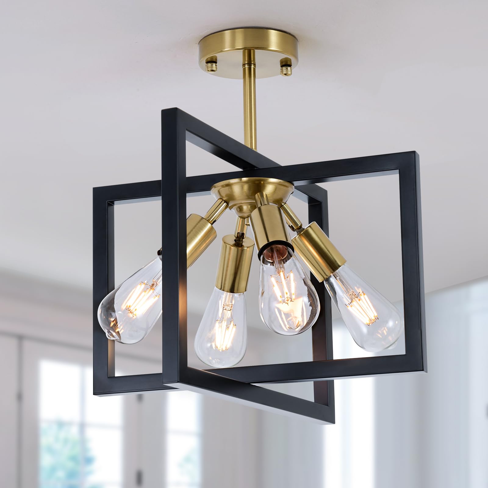 Farmhouse Industrial Ceiling Light Fixtures  4-Light Vintage Modern Rectangle Black Gold Flush Mount Light Fixture with Rotatable Metal Square Frame for Kitchen Hallway Entryway Foyer Living Bedroom