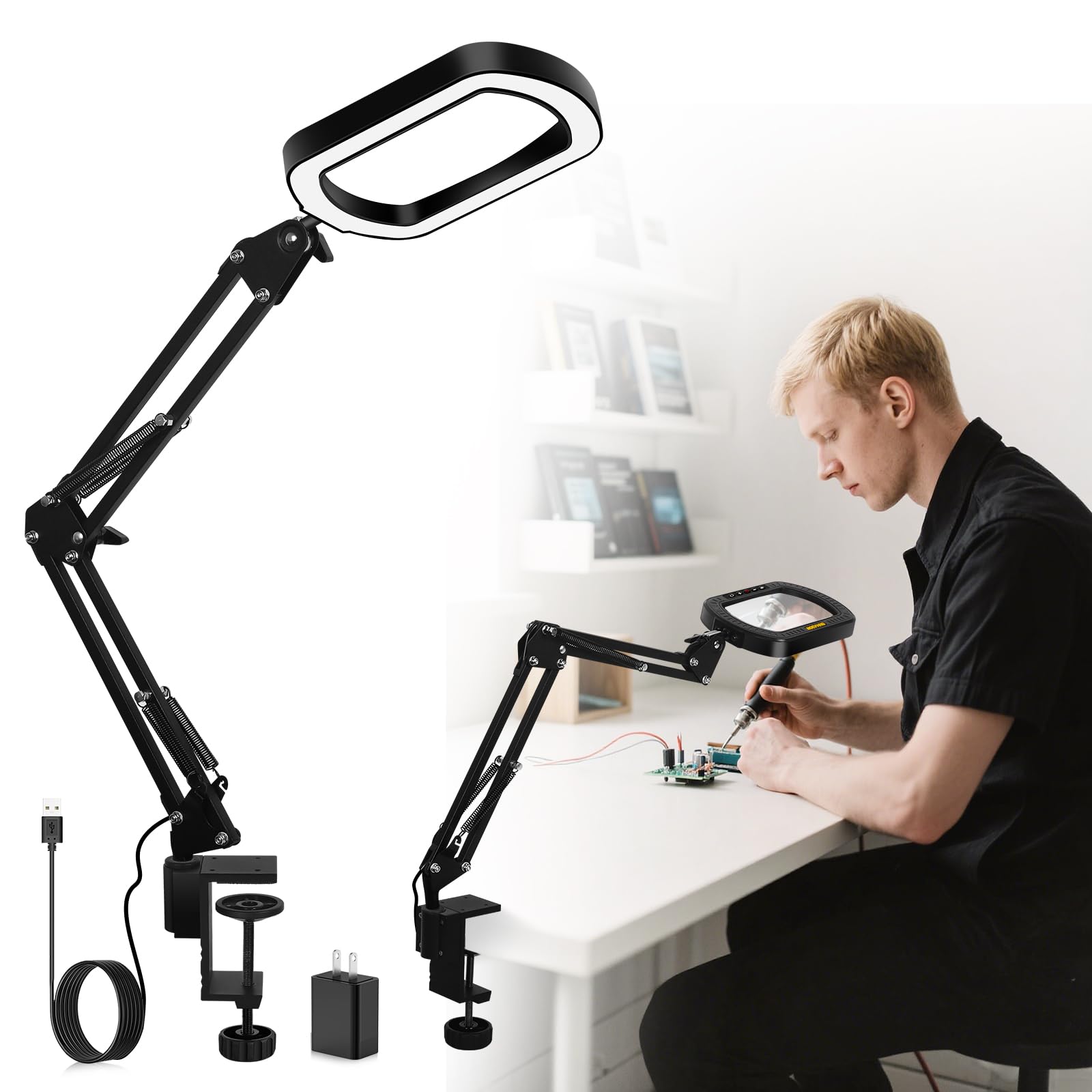 Magnifying Glass with Light Square Magnifier Desk Lamp 10X Close Up Work for Desktop Bench Crafting, Reading, Sewing, Ultra Stab