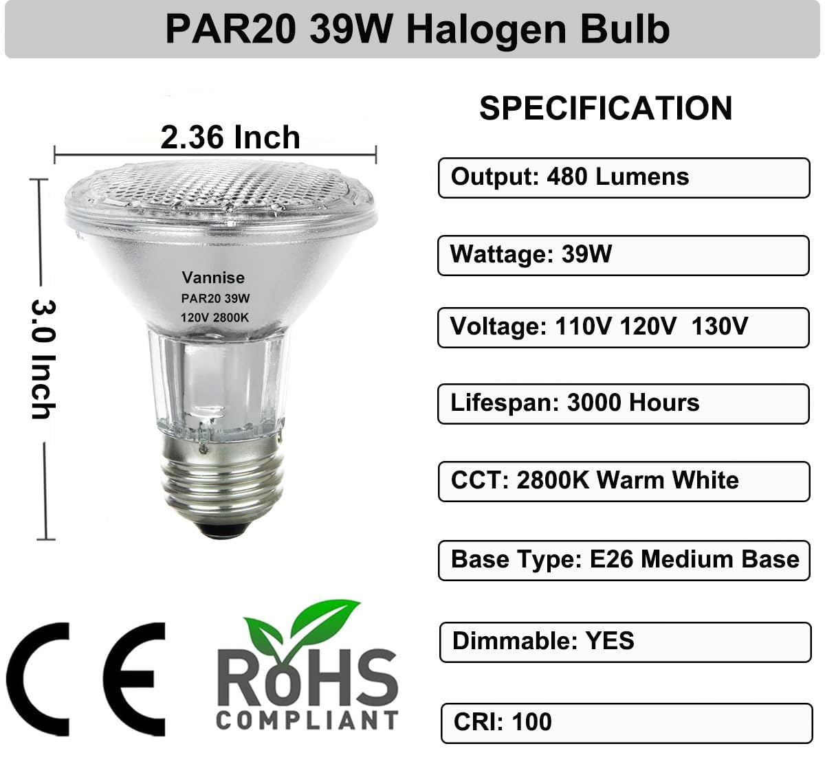 Vannise PAR20 Halogen Light Bulb - 39W Dimmable, Warm White 2800K, 480 Lumens, 6pcs, E26 Base, Long Lasting