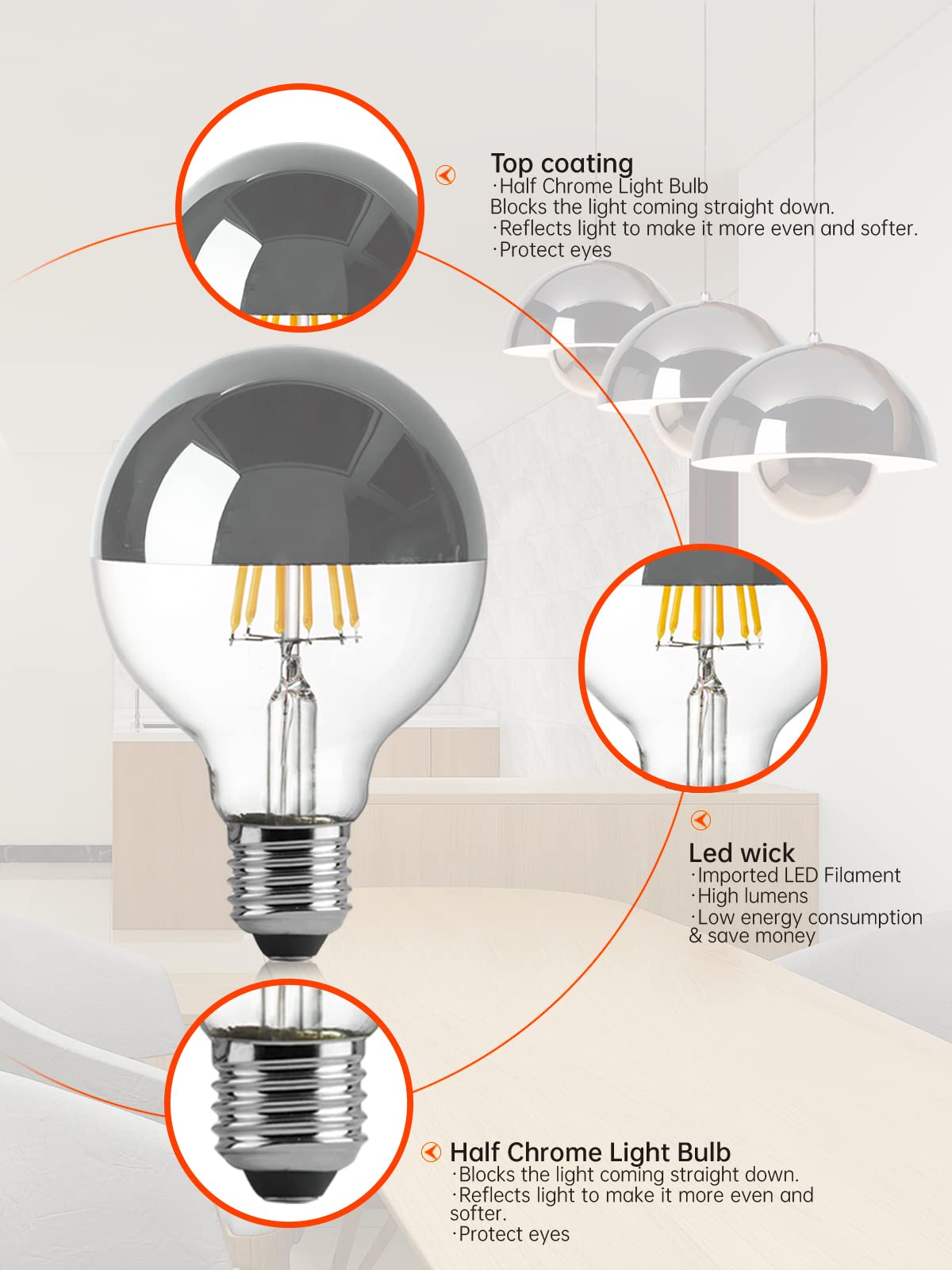 Omed 60W Equivalent Half Chrome Led 4 Pack Lights | 6Watt G25/G80 Silver Bowl Globe Shape Led Blub | Warm White 2700K Medium E26