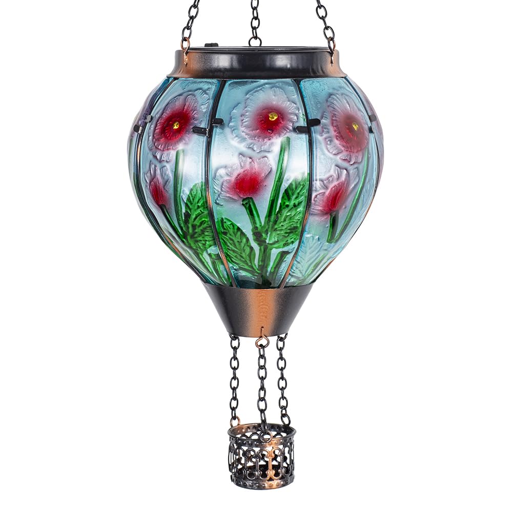 Giole Hot Air Balloon Solar Lantern Flickering Flame, Glass Outdoor Lantern Waterproof Hanging with Flower Pattern Decor for Pat