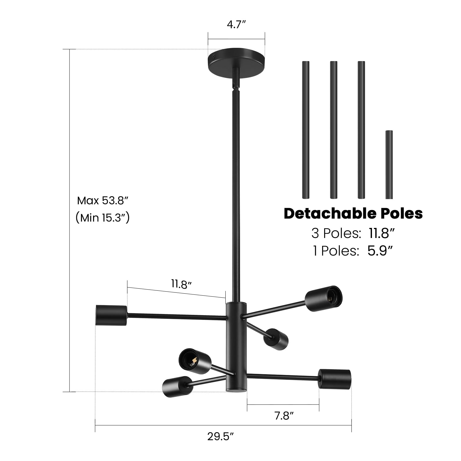 RUIYEY Modern Sputnik Chandelier, 6-Light Black Ceiling Fixture for Dining Room, Adjustable Height Farmhouse Lighting
