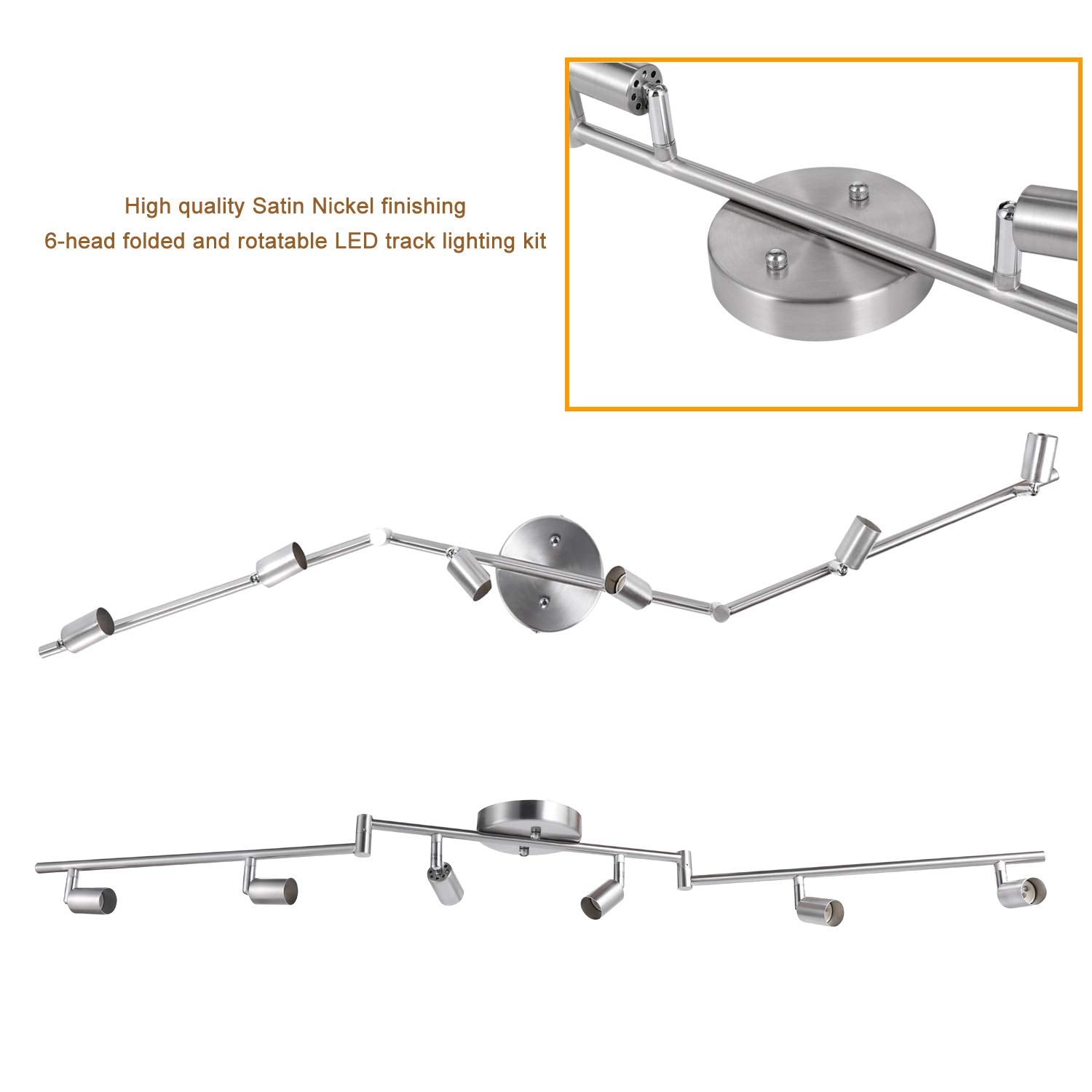 Aiboo 6-Light Adjustable Dimmable Track Lighting Kit, Flexible Foldable Arms,Satin Nickel Kitchen,Hallyway Bed Room Lighting Fixture, Gu10 Base Bulbs Not Included