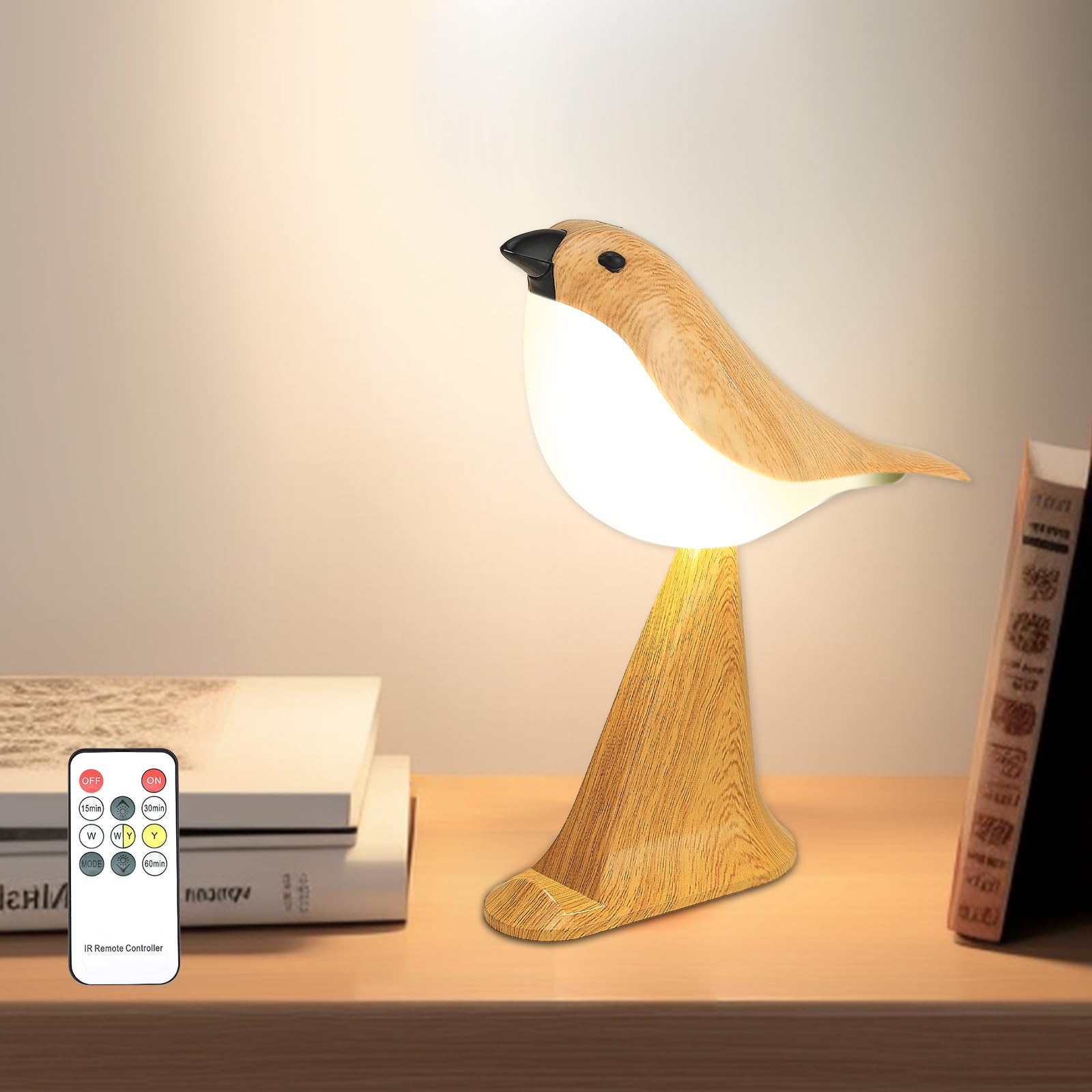 VoMii Small Bird Table Lamp with Timer, Touch & Remote Control & 3-Color Dimmable, Bedside Lamp, Rechargeable Battery, Cold/Warm